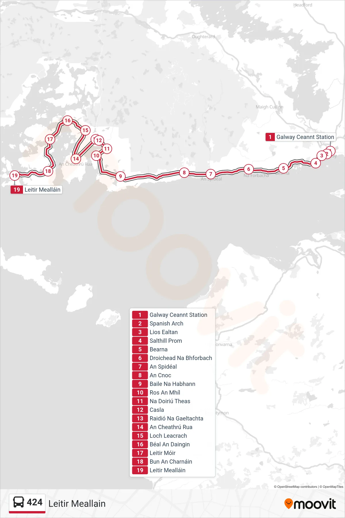 424 bus Line (Leitir Meallain) route and stops on a map
