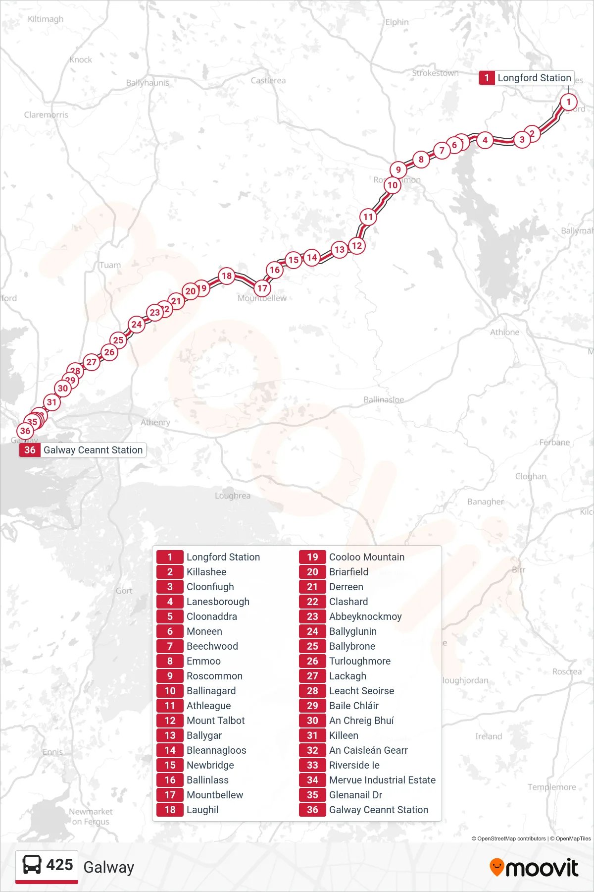 425 bus Line (Galway) route and stops on a map