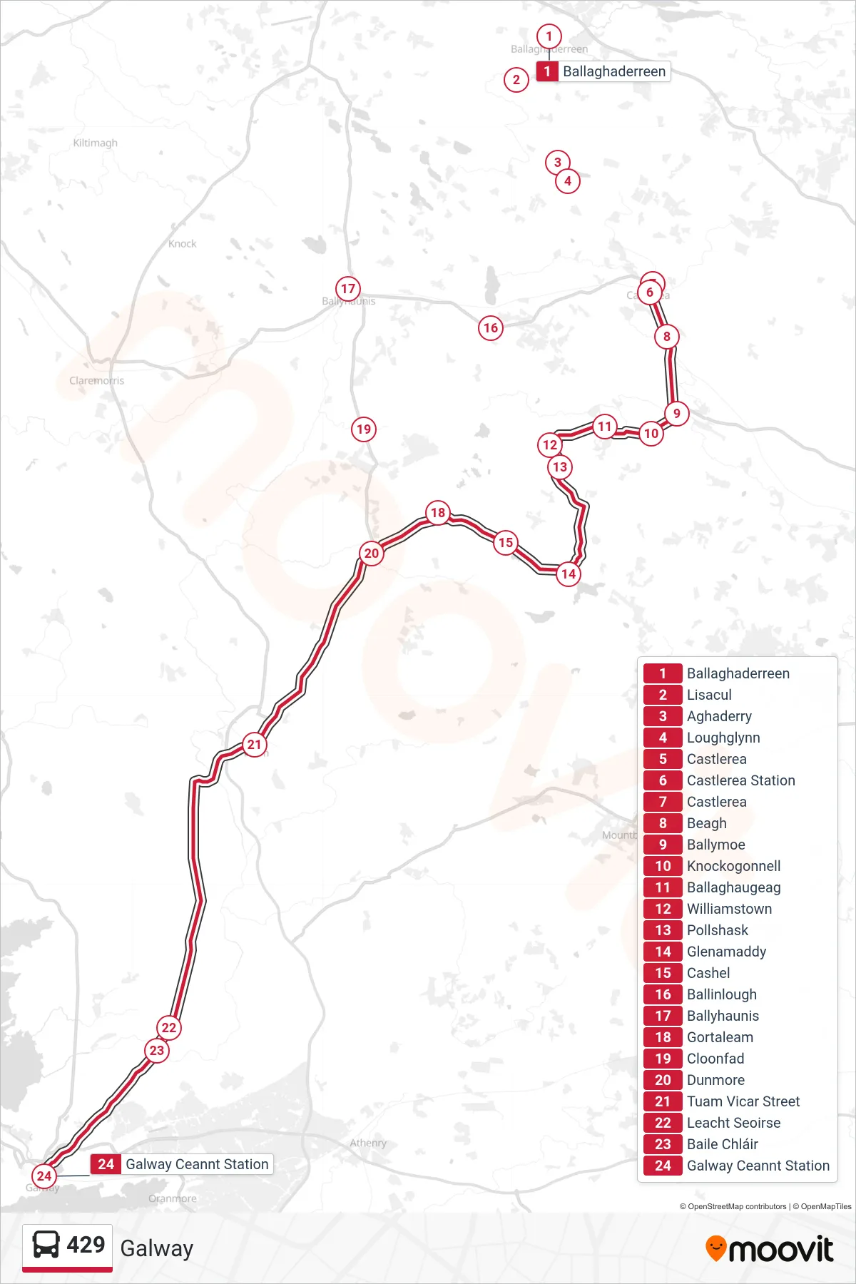 429 bus Line (Galway) route and stops on a map