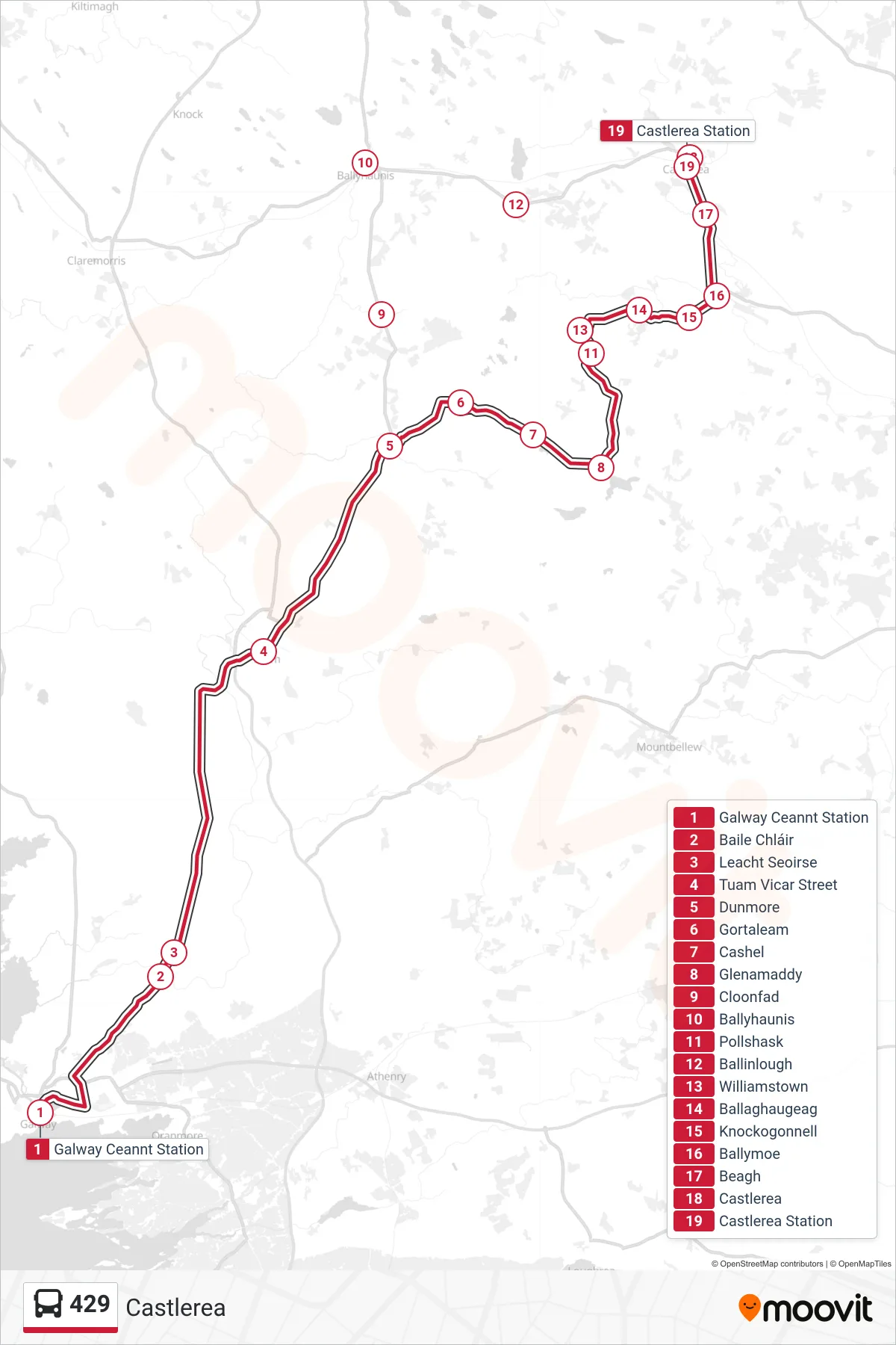429 bus Line (Castlerea) route and stops on a map