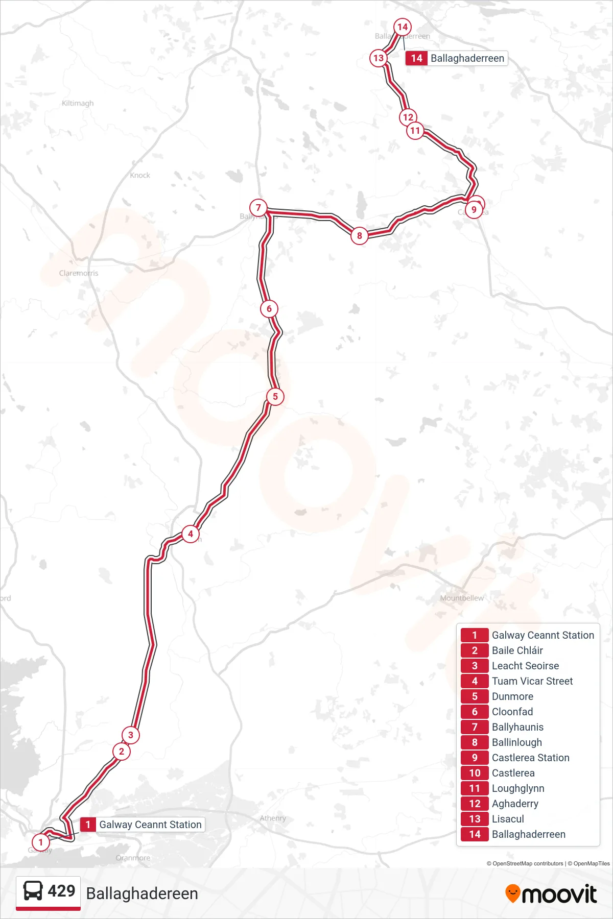 429 bus Line (Ballaghadereen) route and stops on a map
