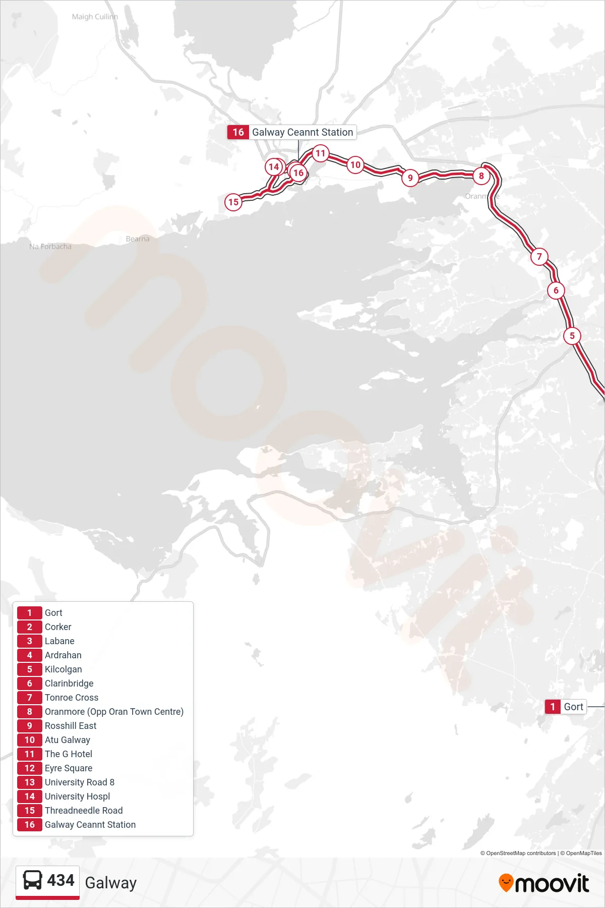 434 bus Line (Galway) route and stops on a map