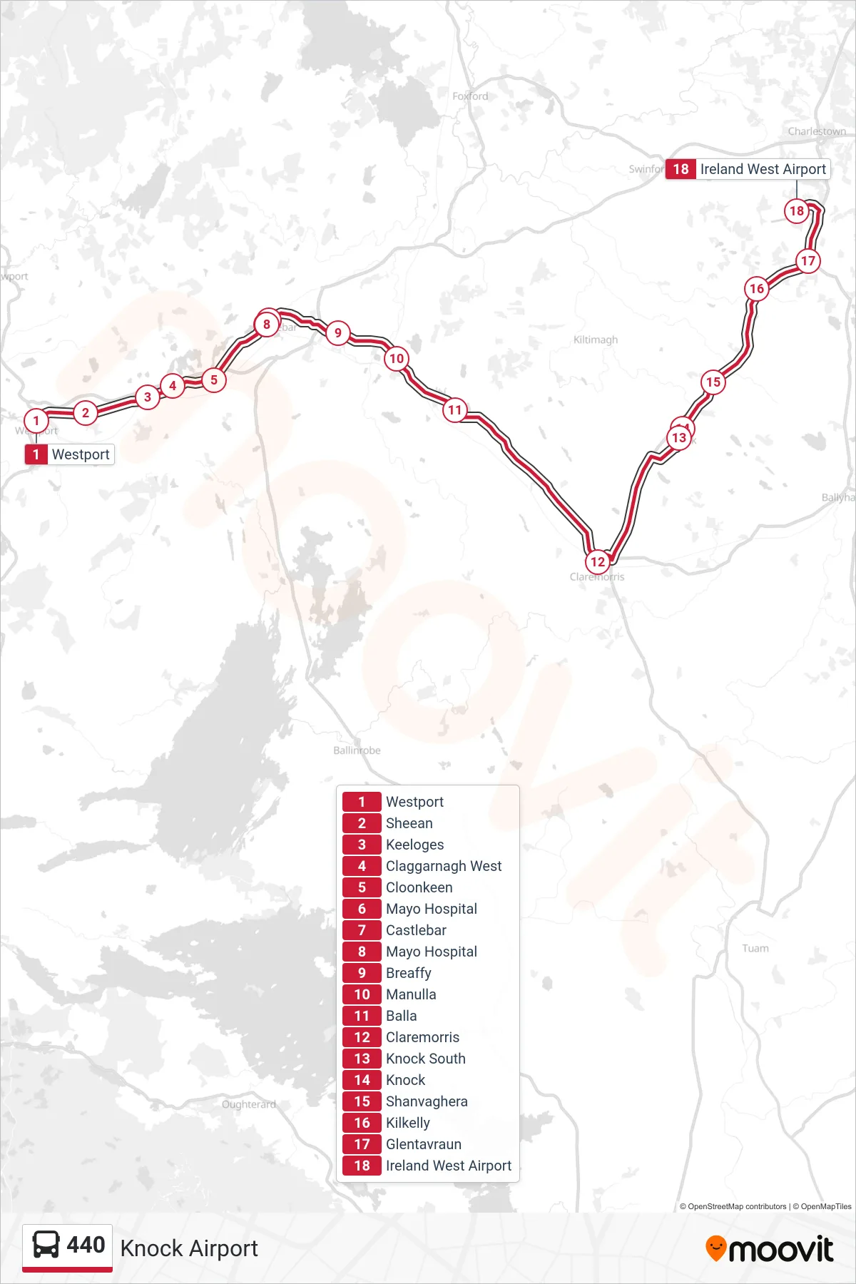 440 bus Line (Knock Airport) route and stops on a map