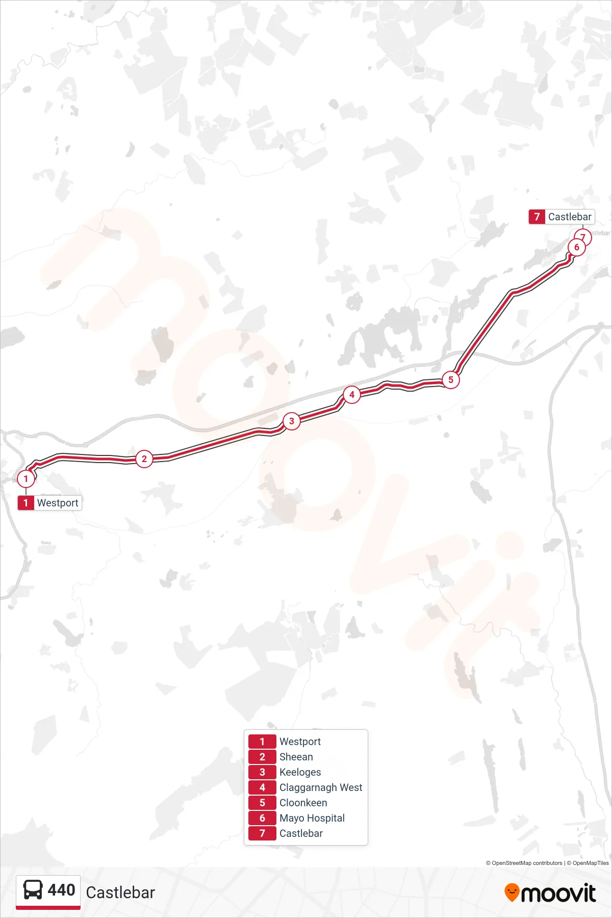 440 bus Line (Castlebar) route and stops on a map