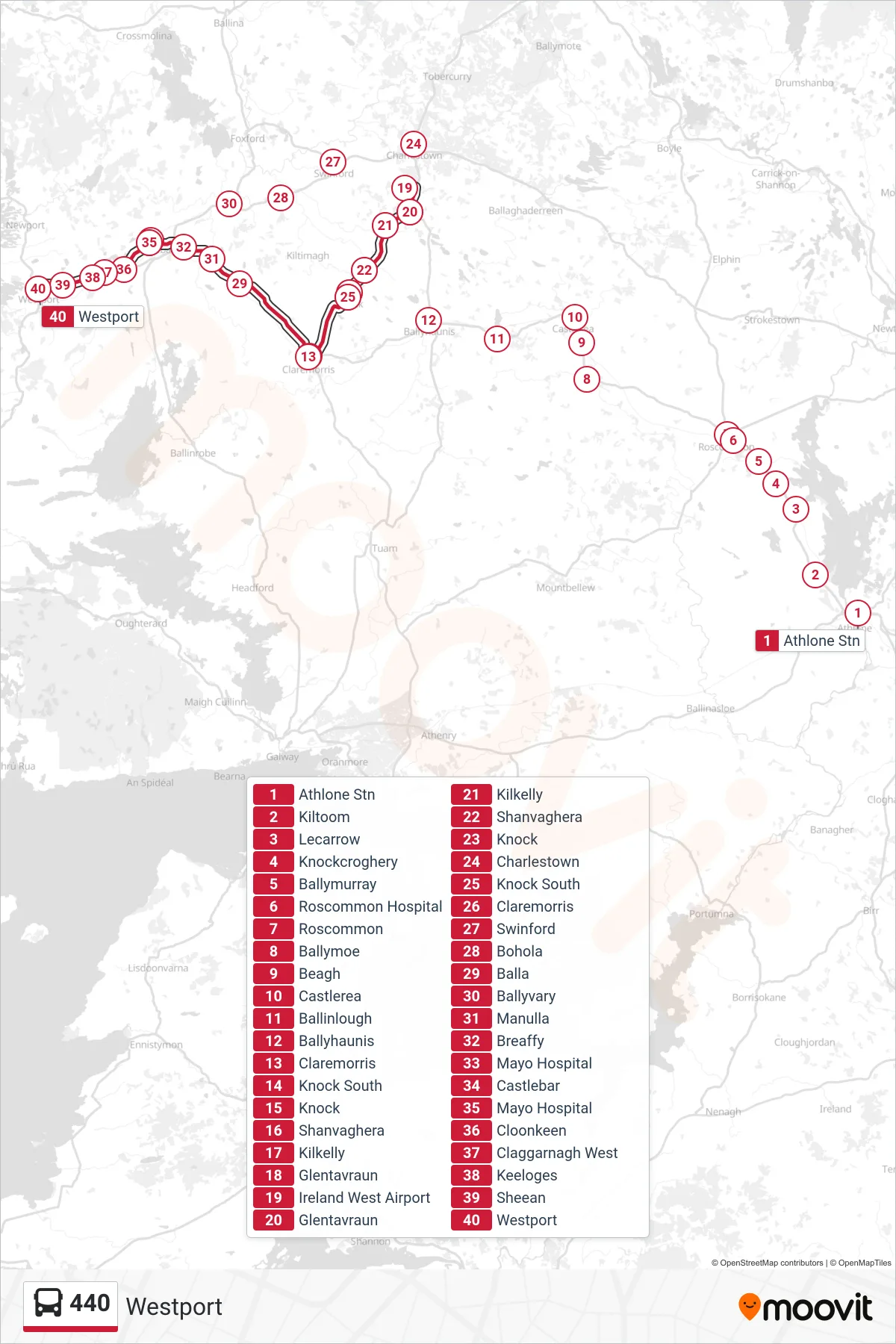 440 bus Line (Westport) route and stops on a map