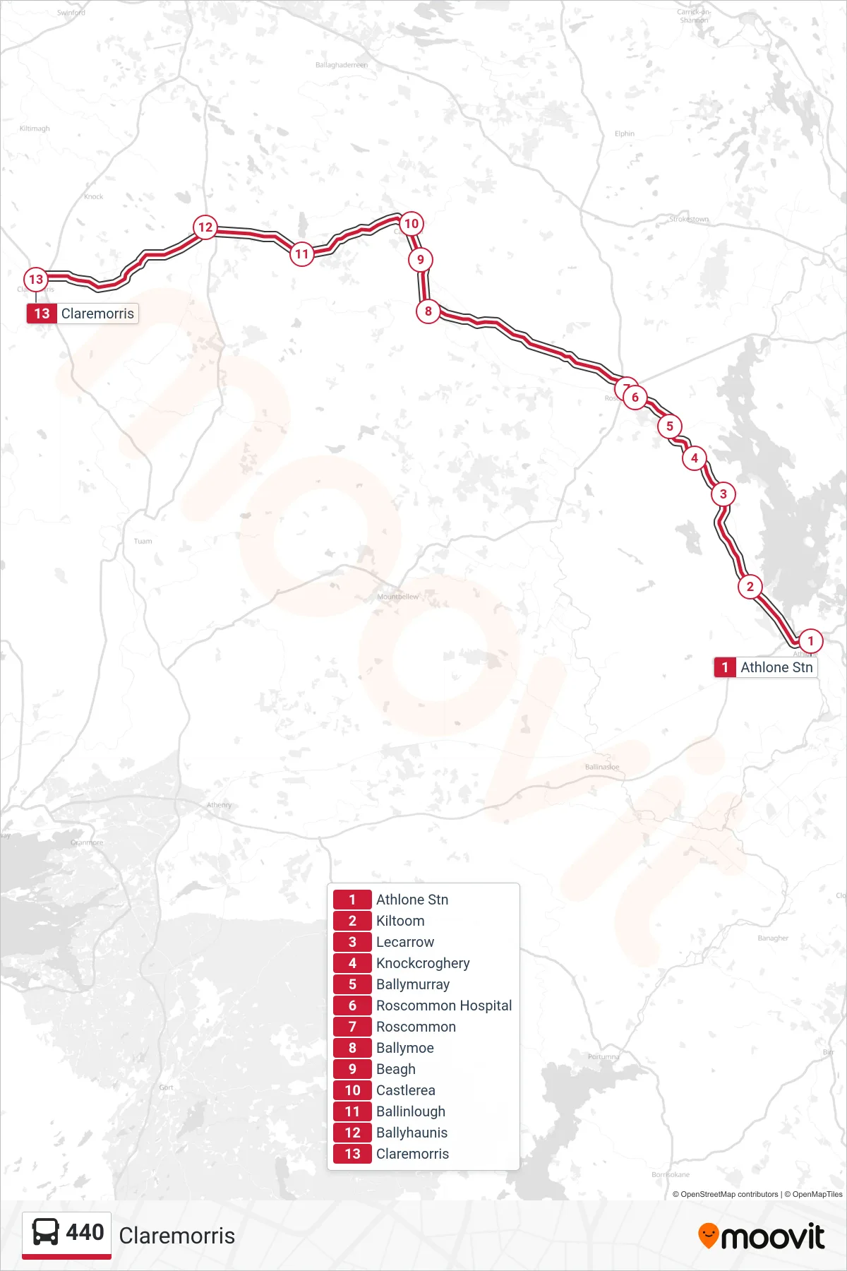 440 bus Line (Claremorris) route and stops on a map