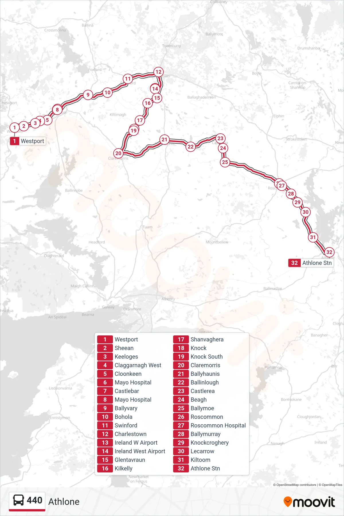 440 bus Line (Athlone) route and stops on a map