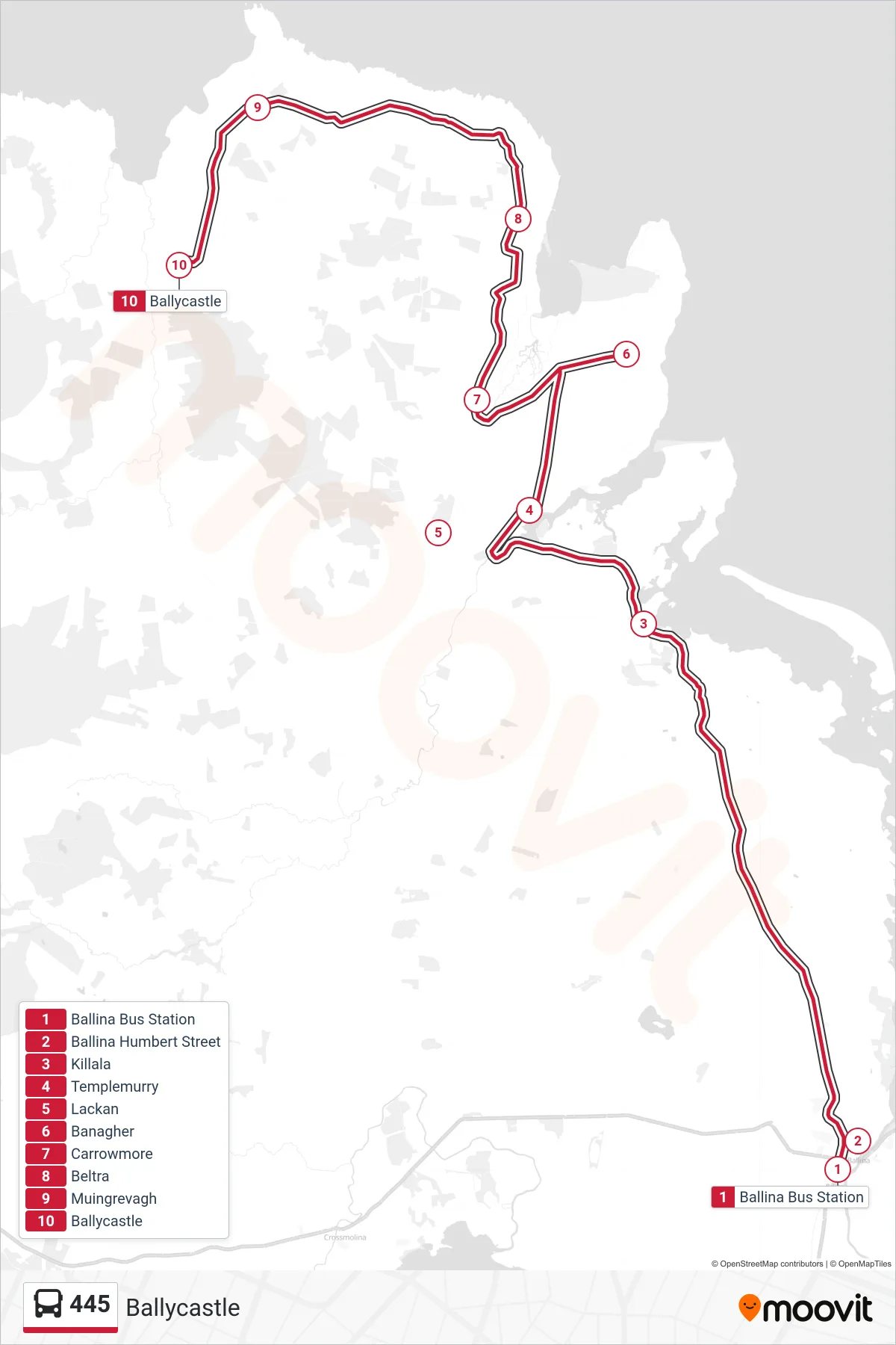 445 bus Line (Ballycastle) route and stops on a map