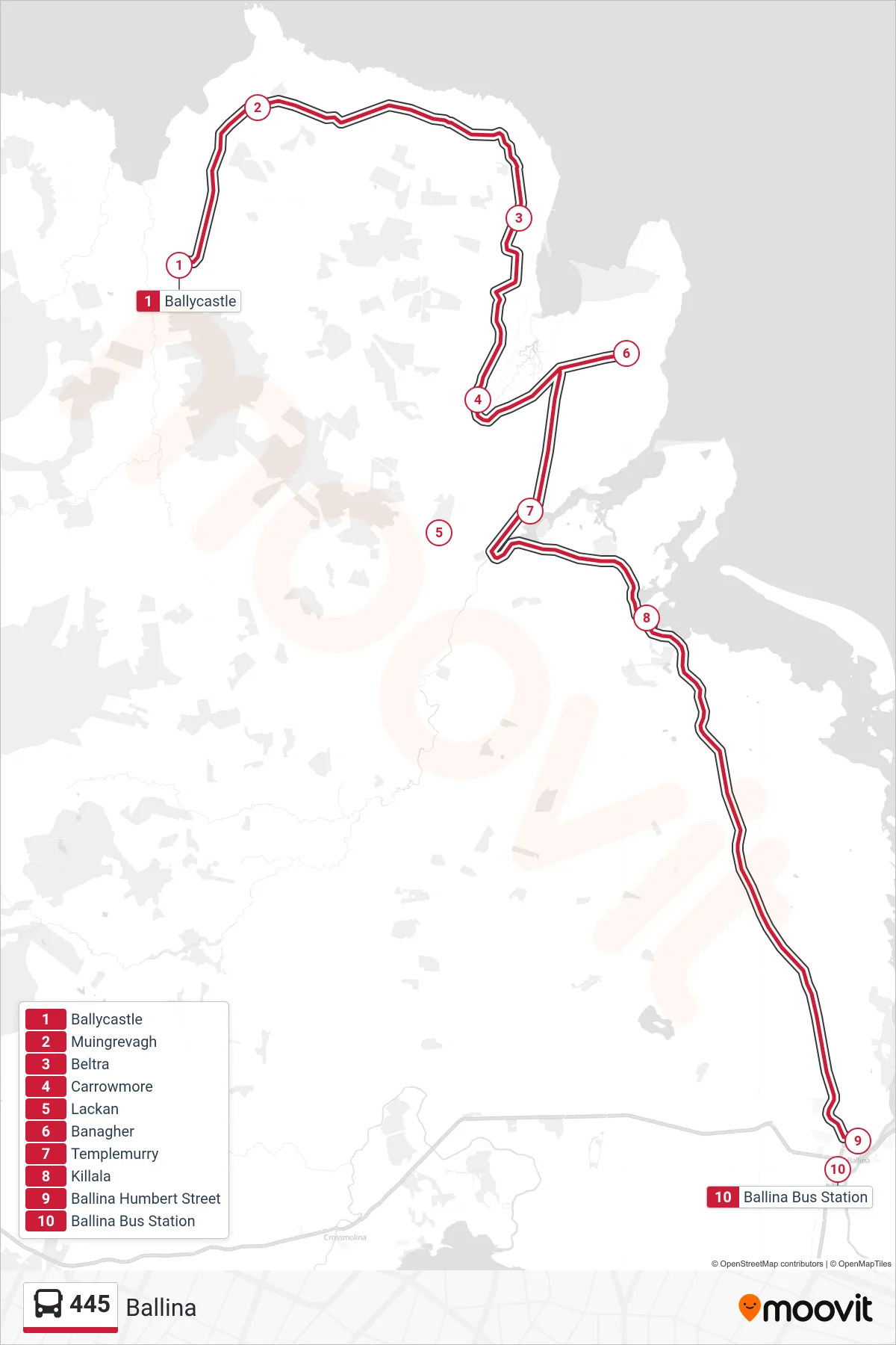 445 bus Line (Ballina) route and stops on a map