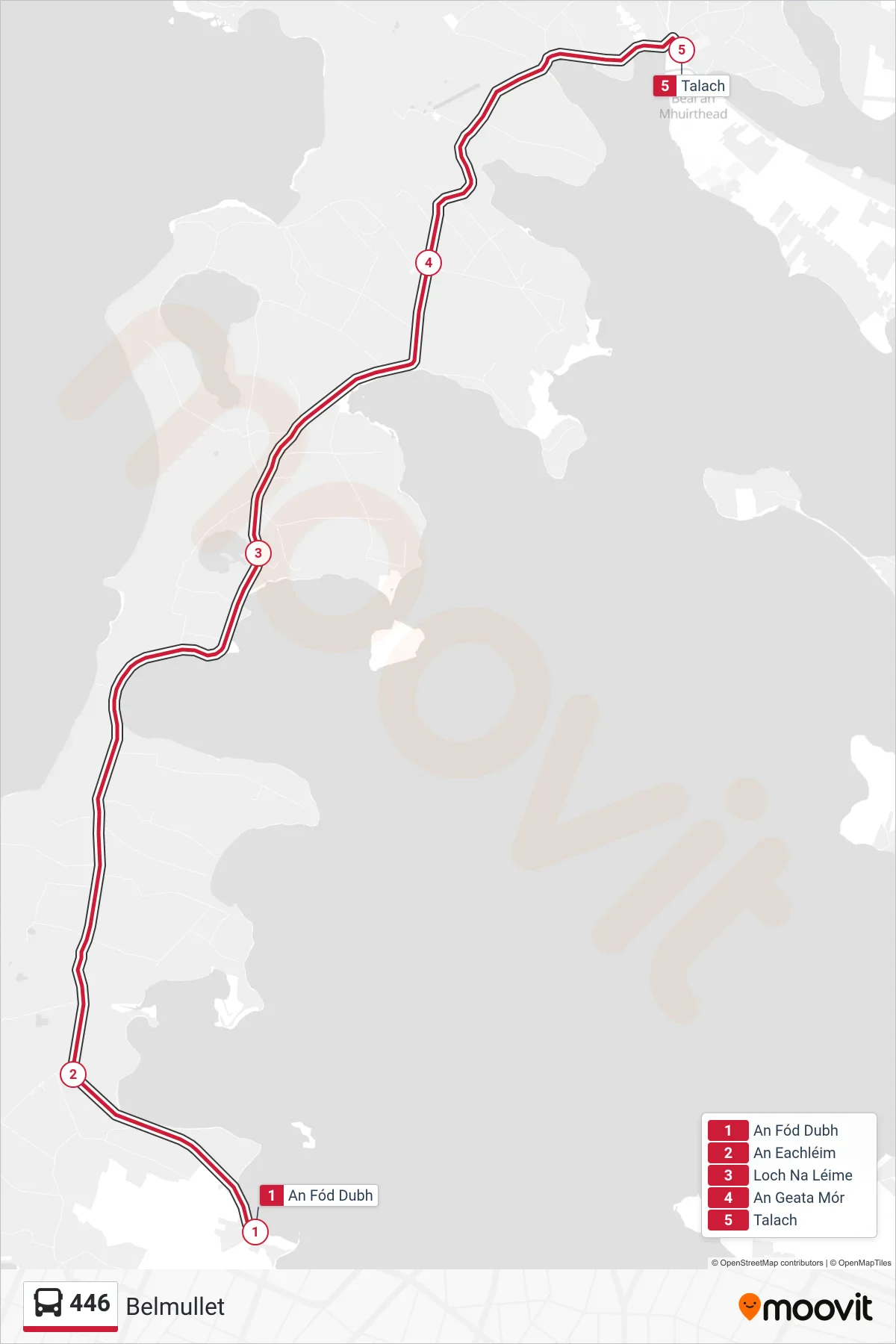 446 bus Line (Belmullet) route and stops on a map