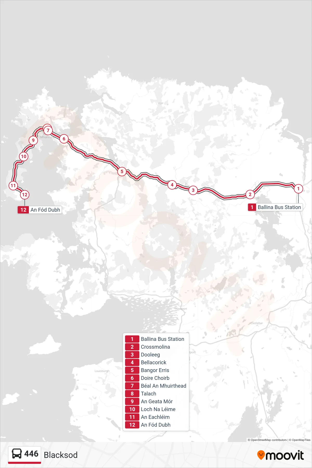 446 bus Line (Blacksod) route and stops on a map