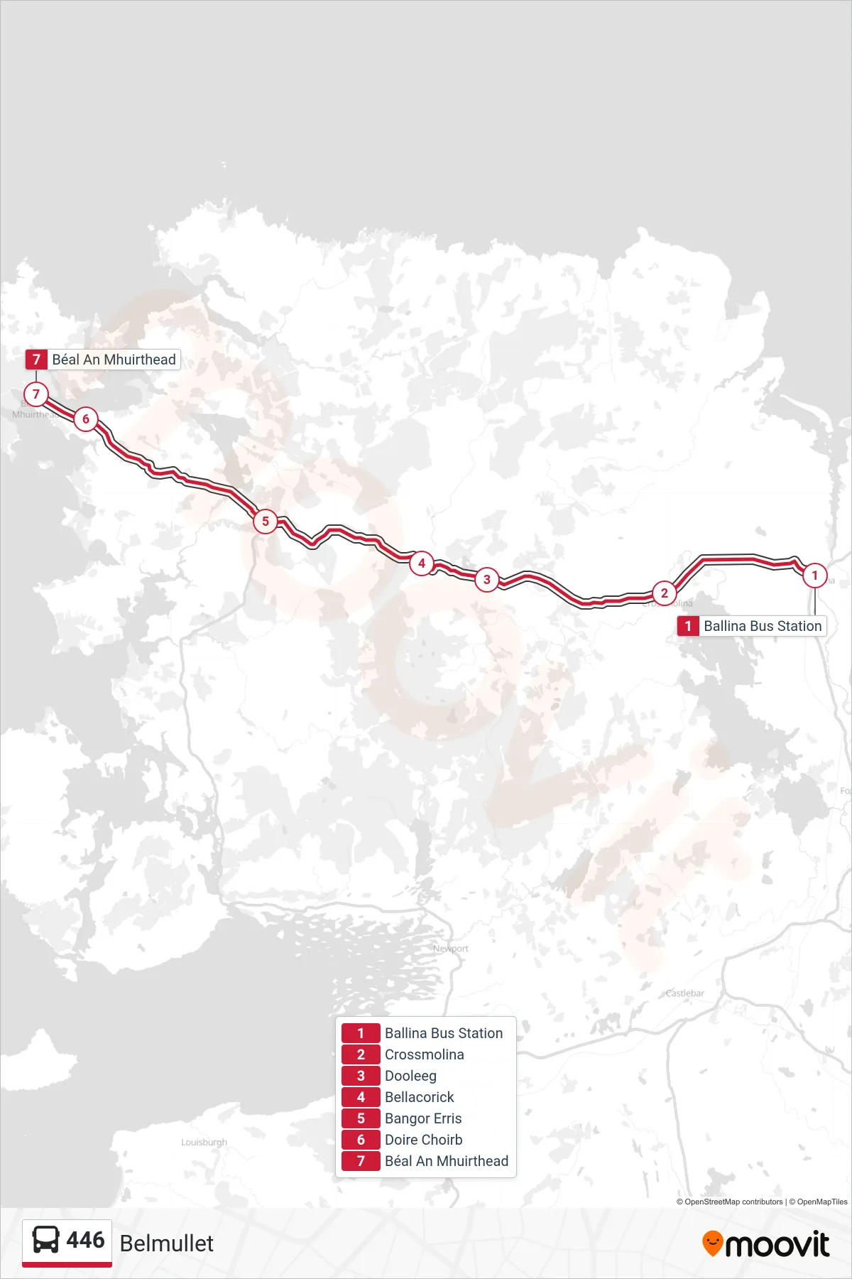 446 bus Line (Belmullet) route and stops on a map