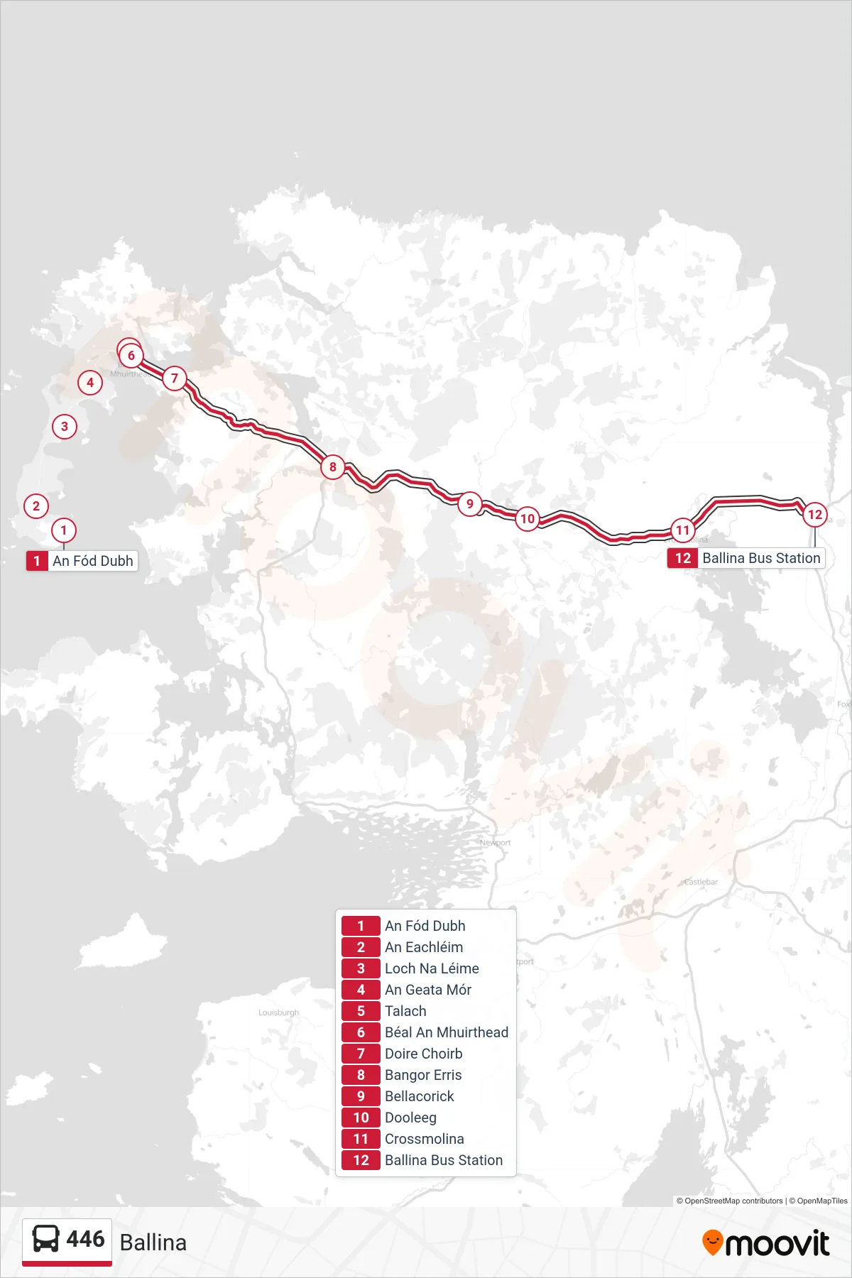 446 bus Line (Ballina) route and stops on a map