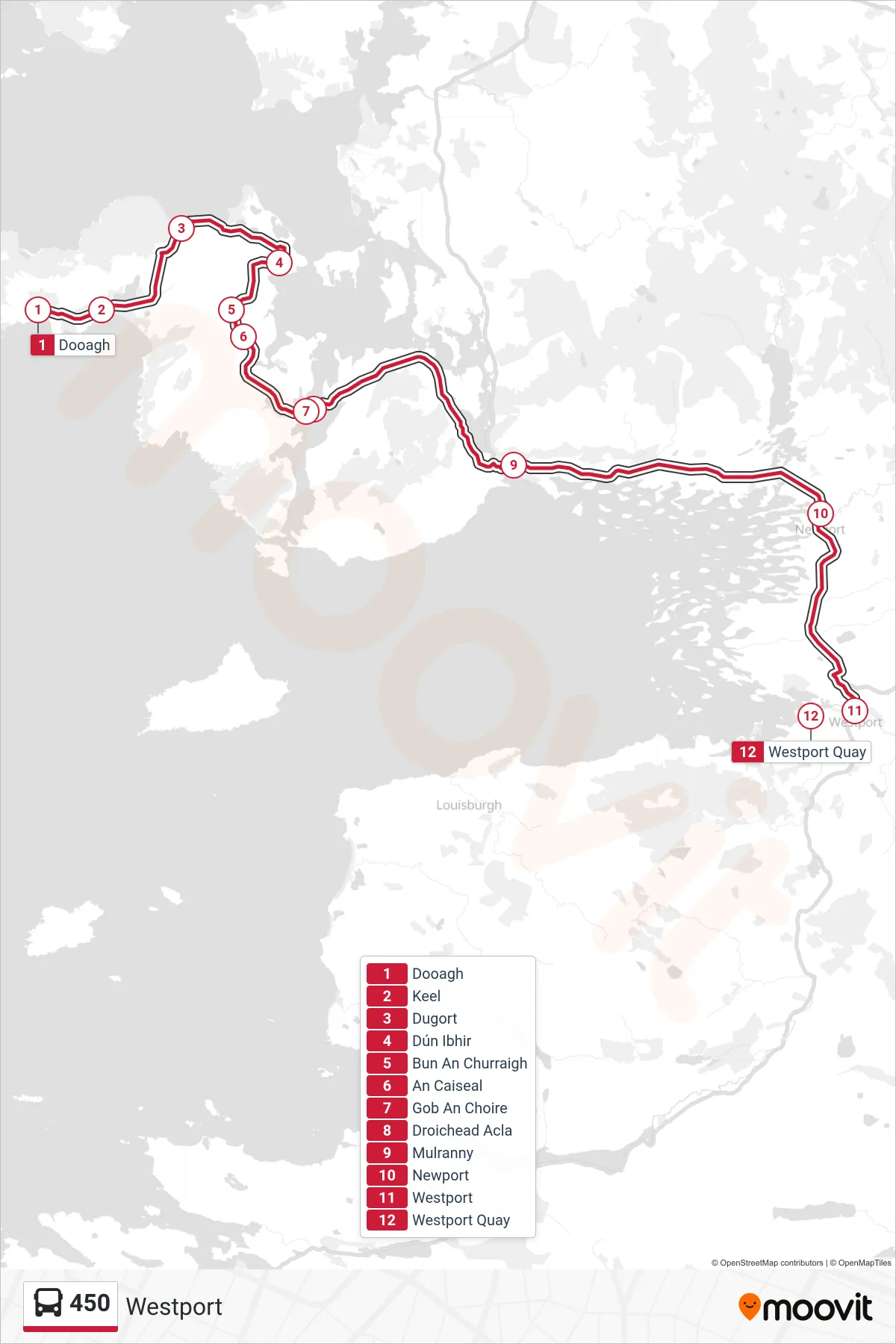 450 bus Line (Westport) route and stops on a map