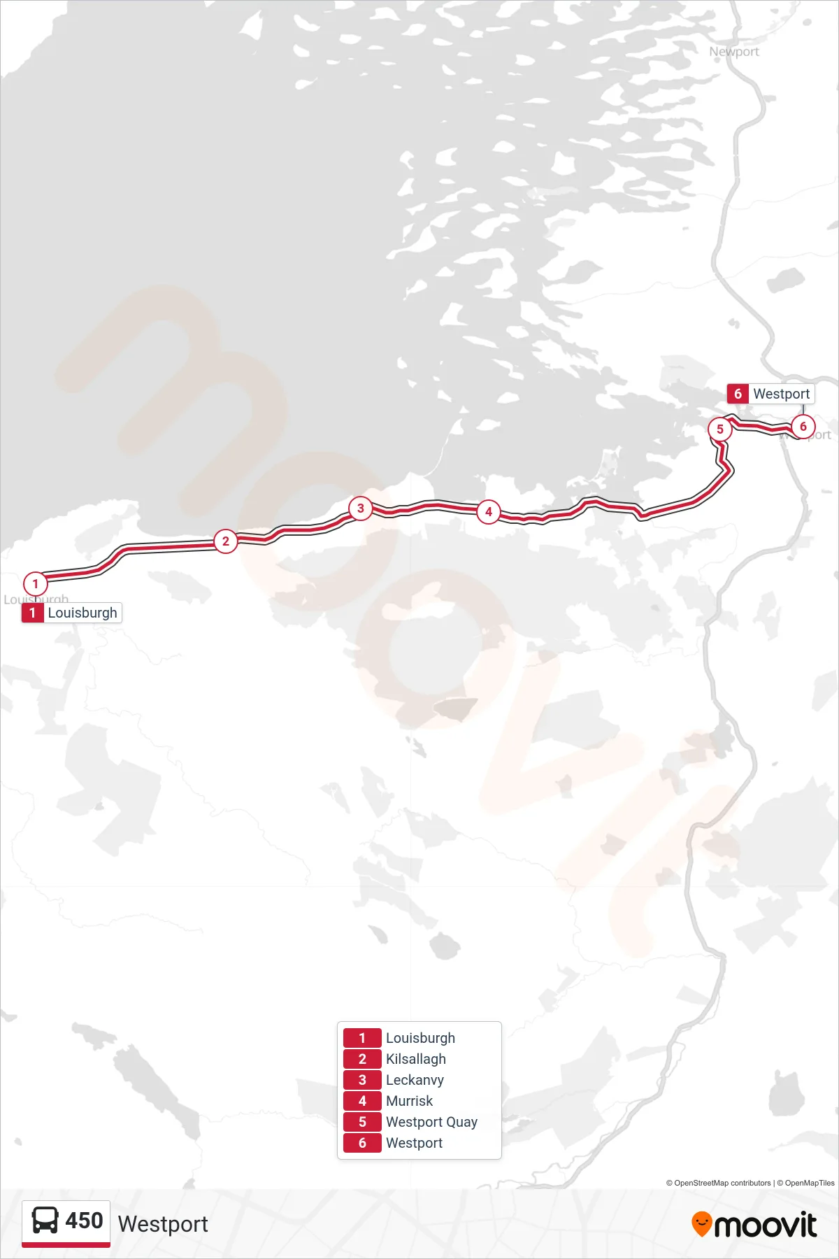 450 bus Line (Westport) route and stops on a map