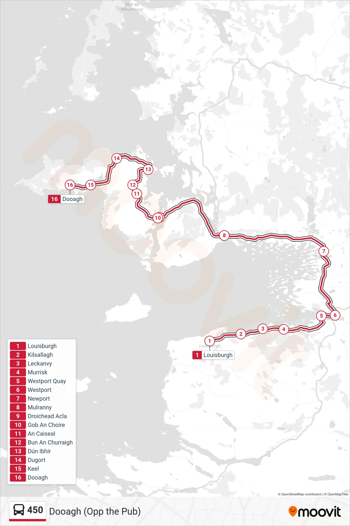 450 bus Line (Dooagh (Opp the Pub)) route and stops on a map