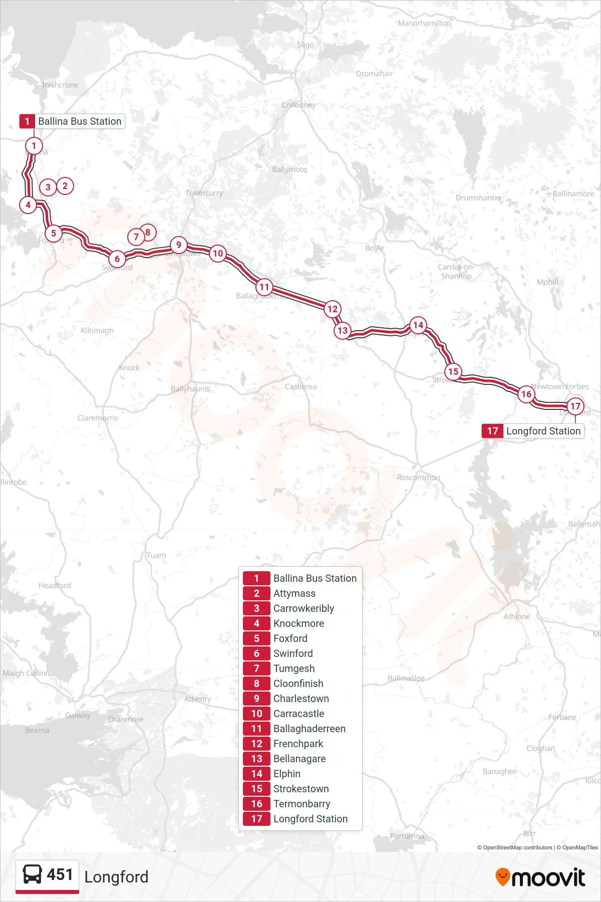 451 bus Line (Longford) route and stops on a map