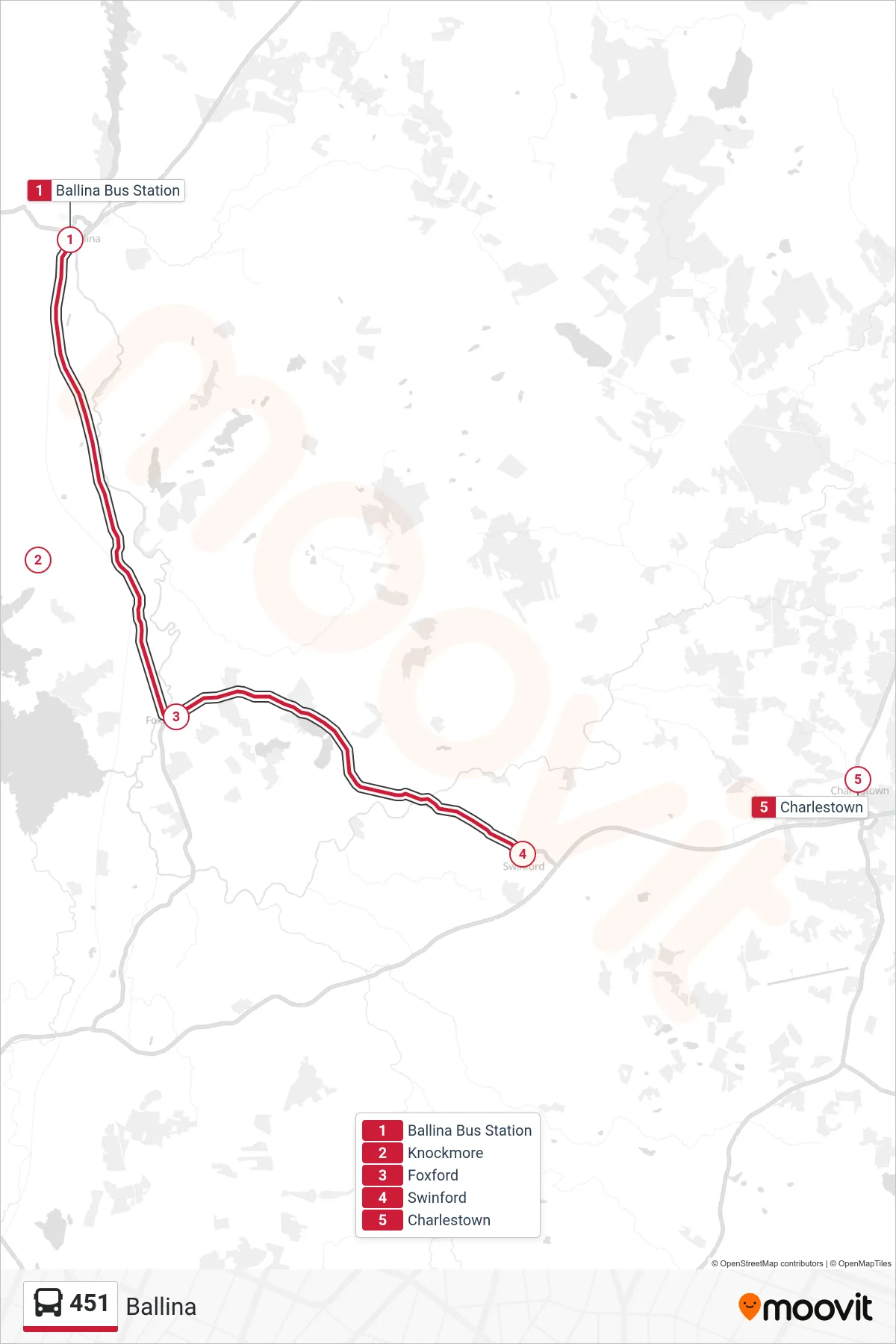 451 bus Line (Ballina) route and stops on a map