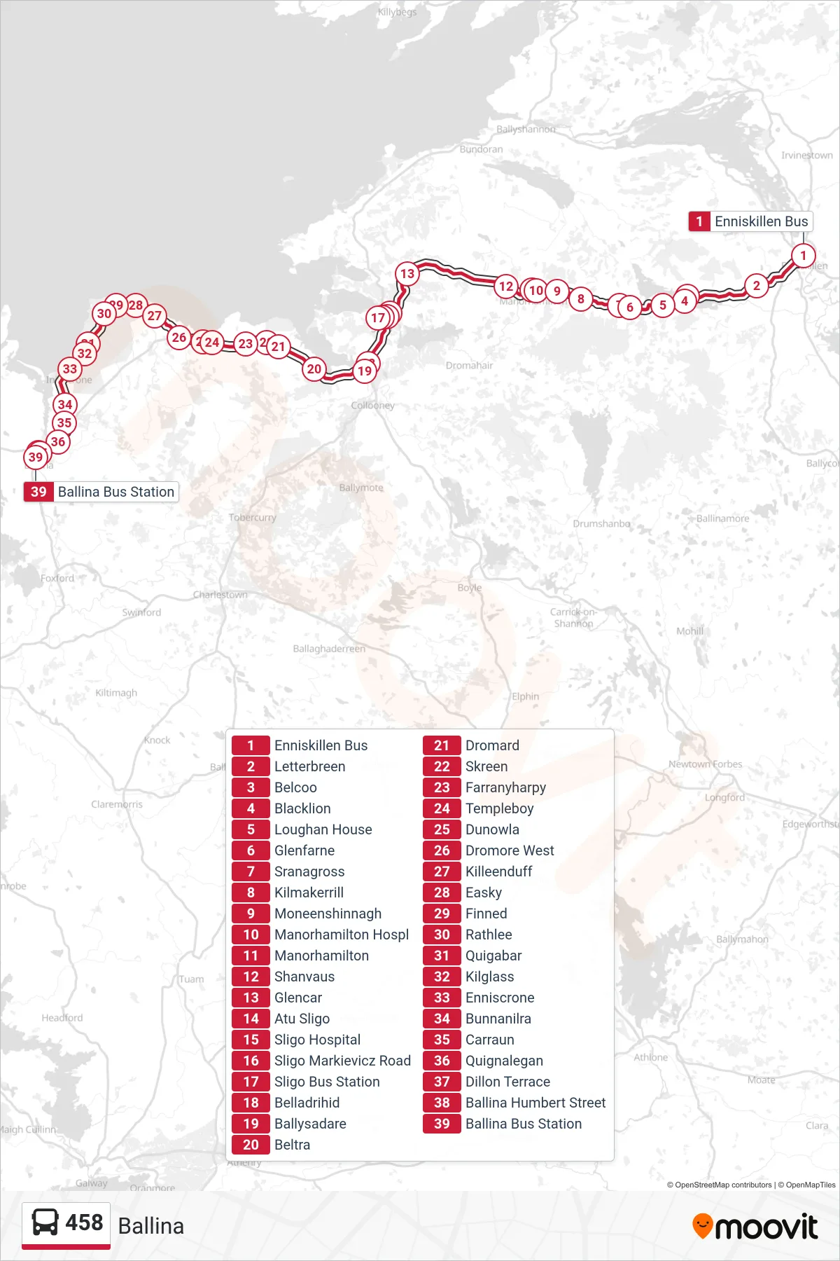 458 bus Line (Ballina) route and stops on a map