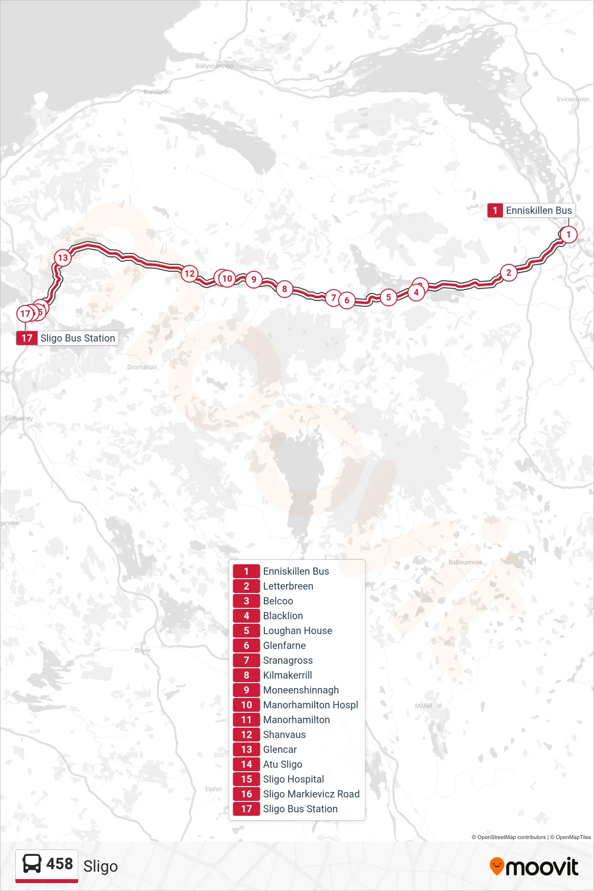 458 bus Line (Sligo) route and stops on a map