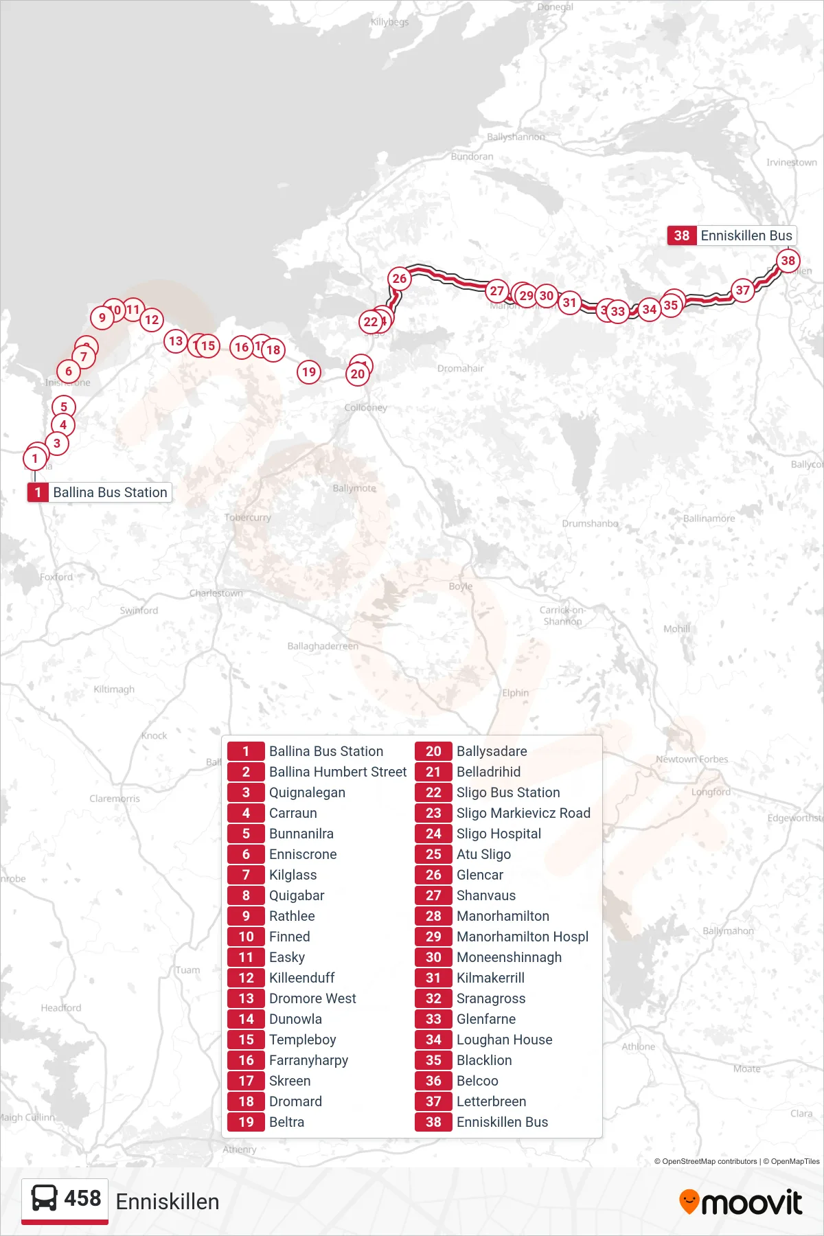 458 bus Line (Enniskillen) route and stops on a map
