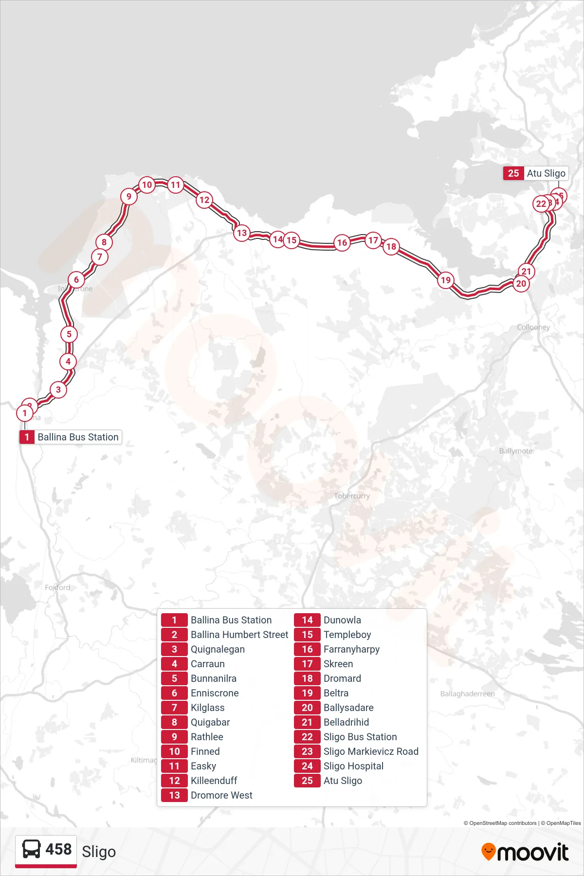 458 bus Line (Sligo) route and stops on a map