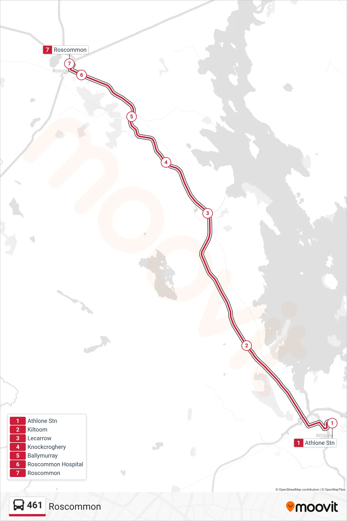 461 bus Line (Roscommon) route and stops on a map