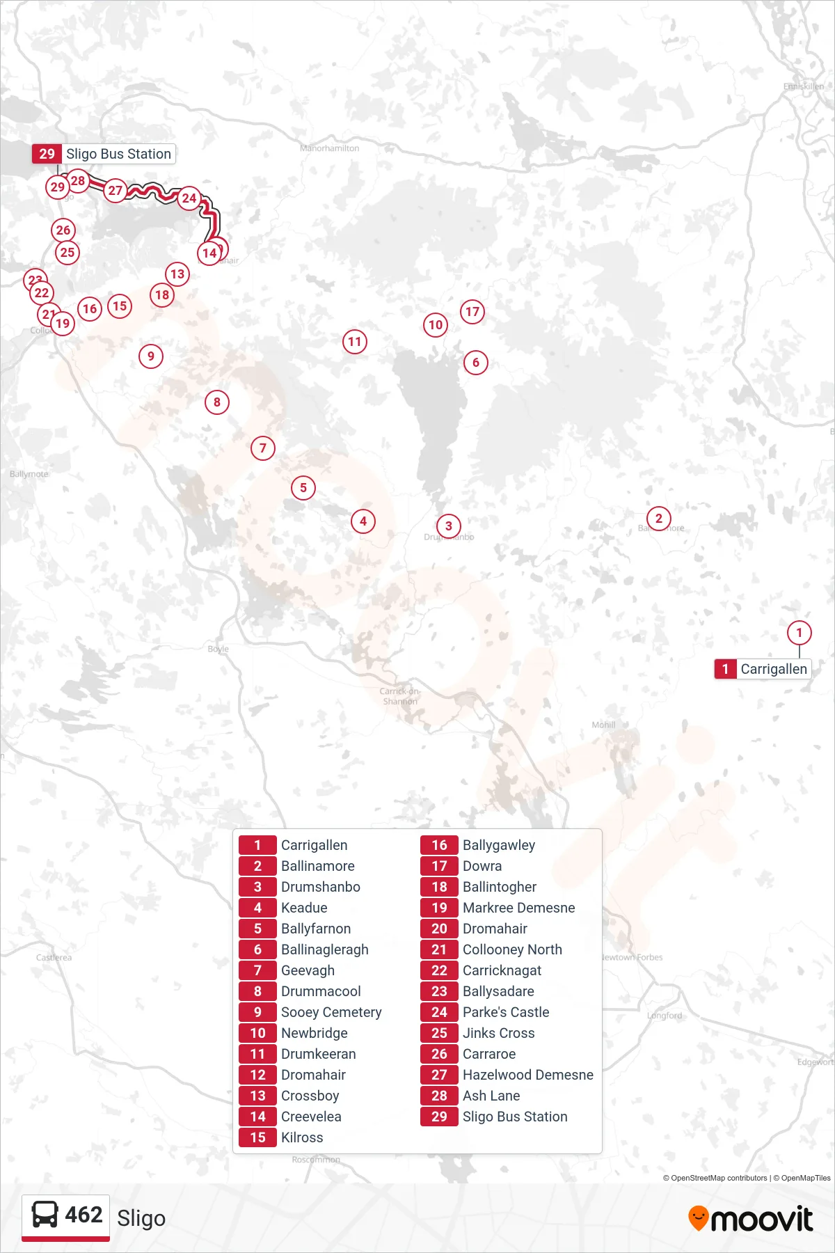 462 bus Line (Sligo) route and stops on a map