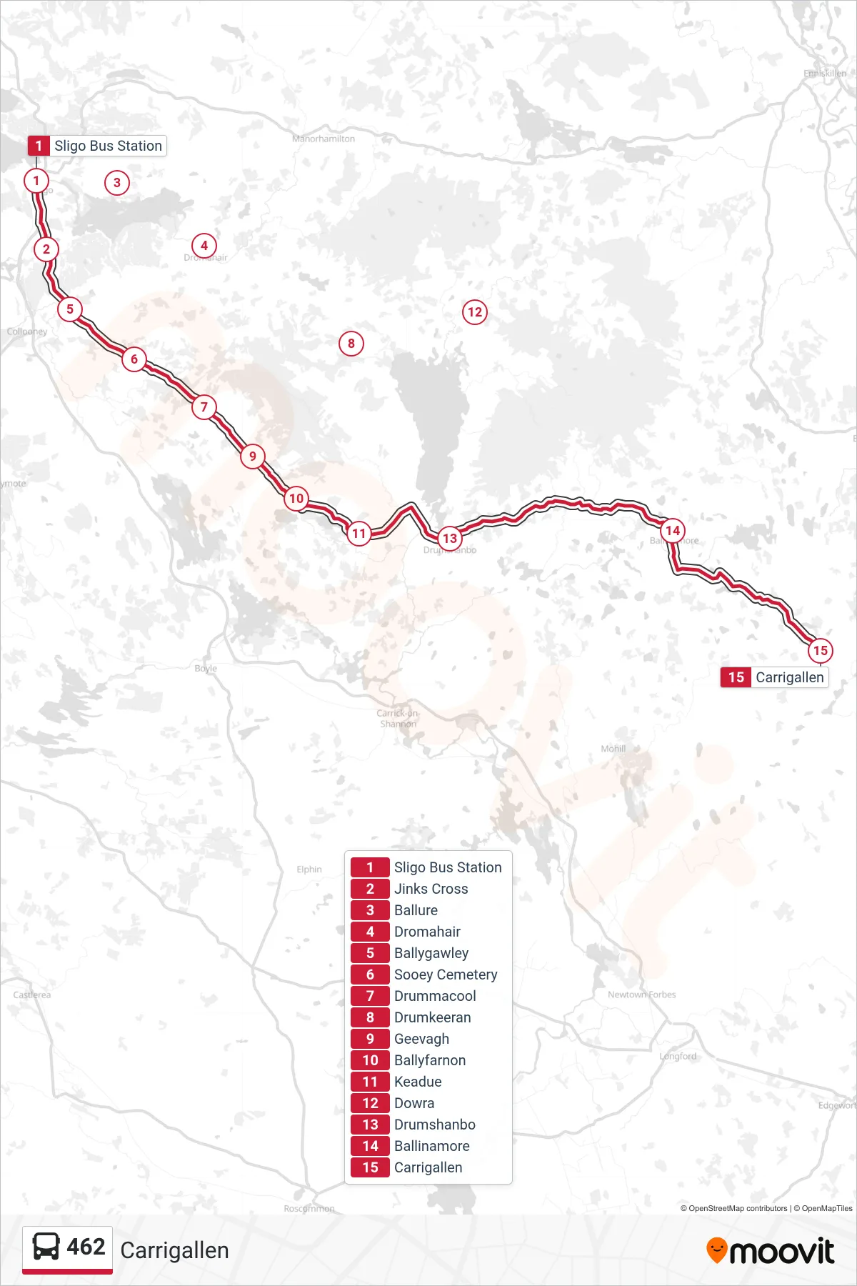 462 bus Line (Carrigallen) route and stops on a map