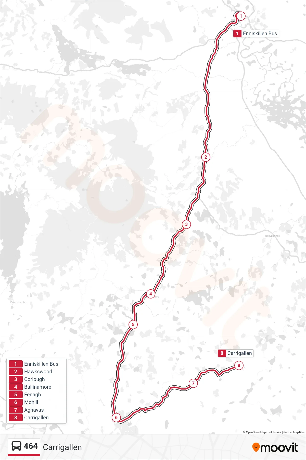 464 bus Line (Carrigallen) route and stops on a map