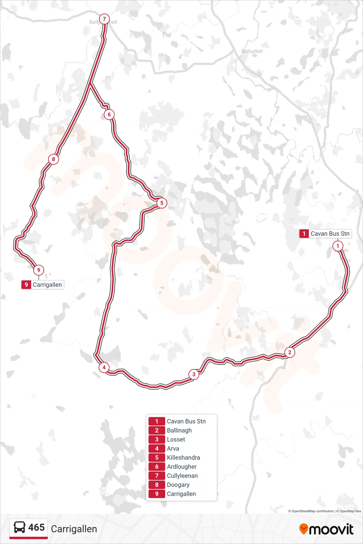 465 bus Line (Carrigallen) route and stops on a map