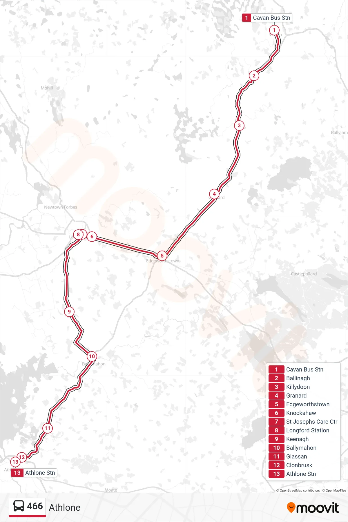 466 bus Line (Athlone) route and stops on a map