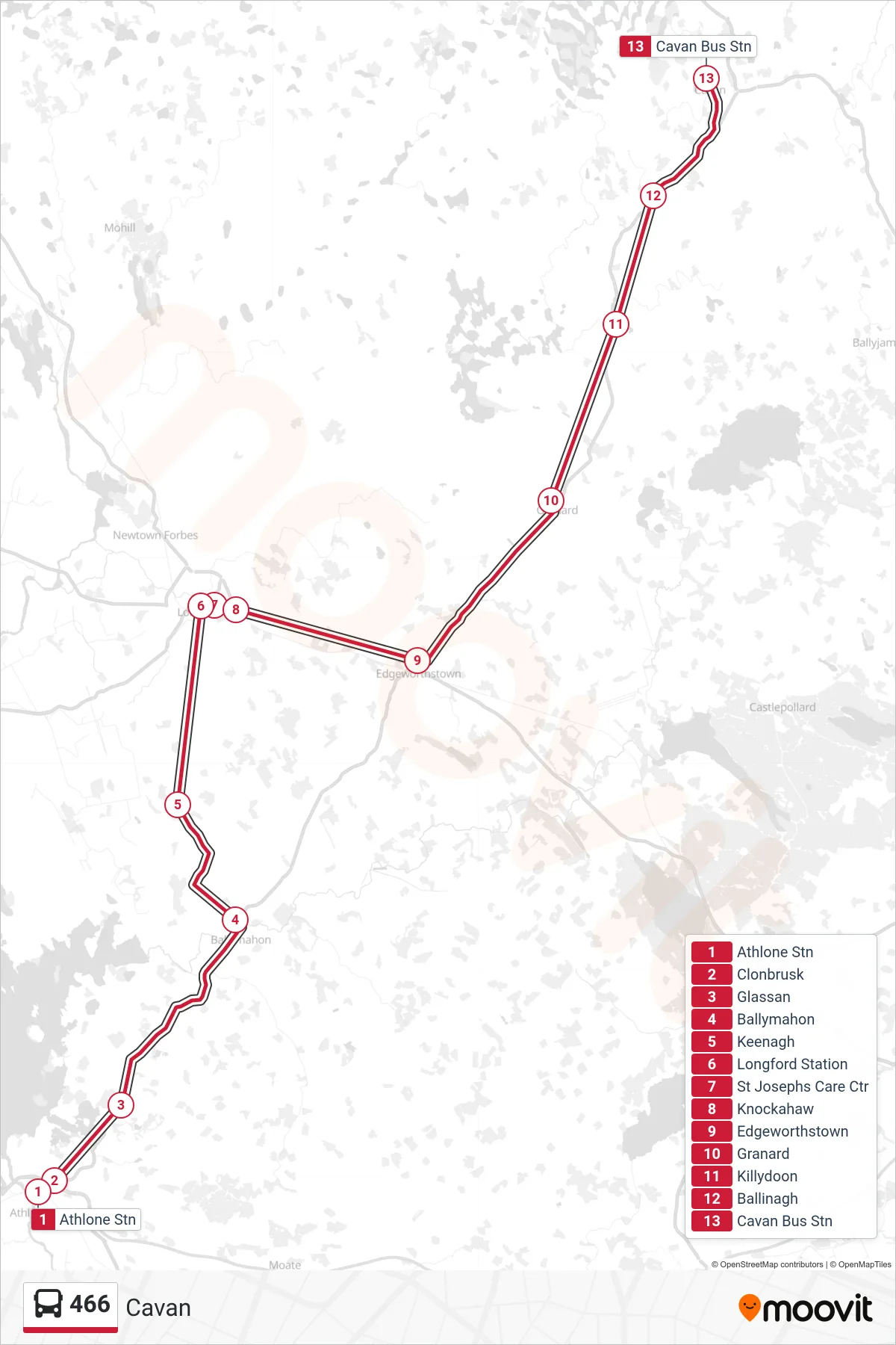 466 bus Line (Cavan) route and stops on a map