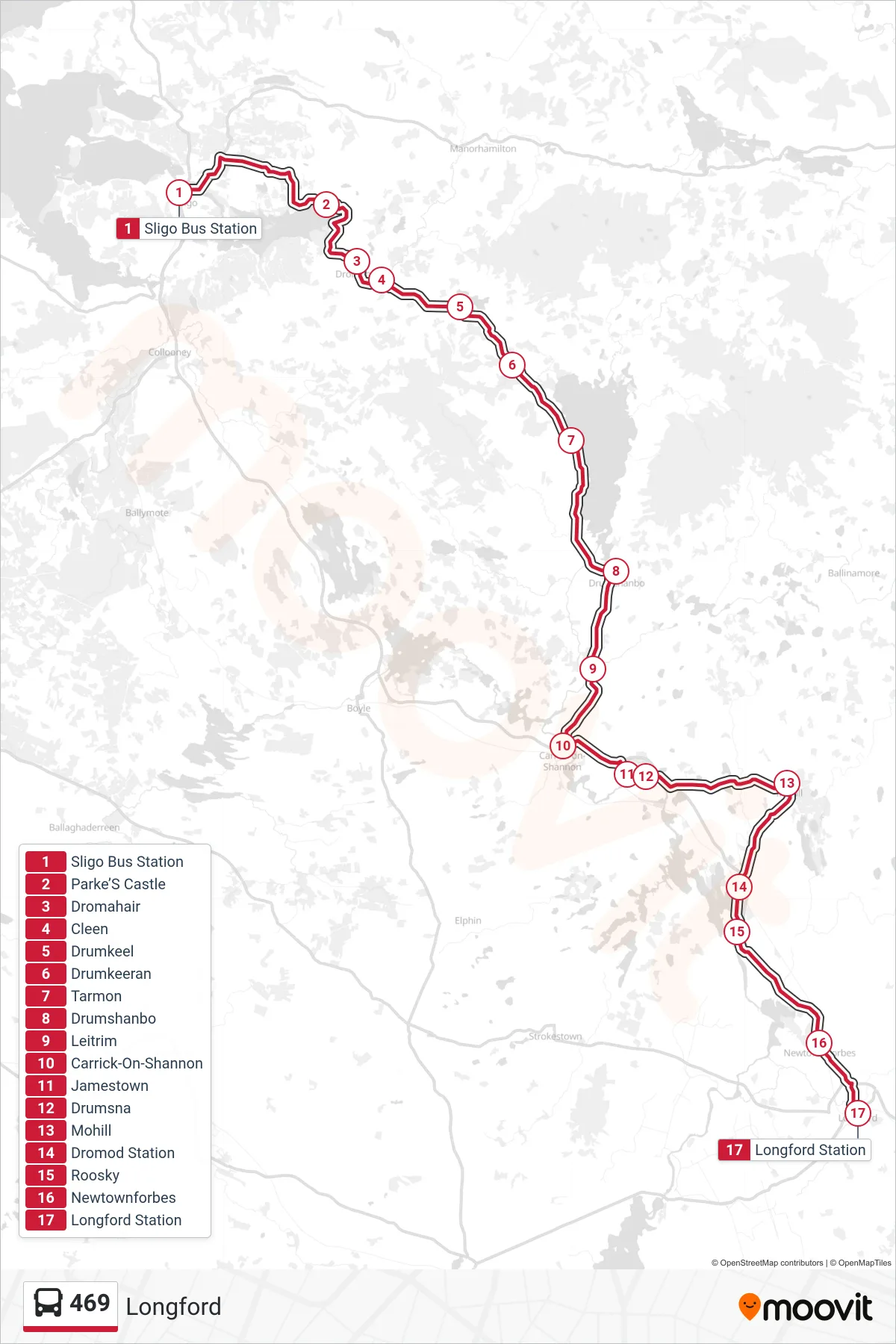 469 bus Line (Longford) route and stops on a map