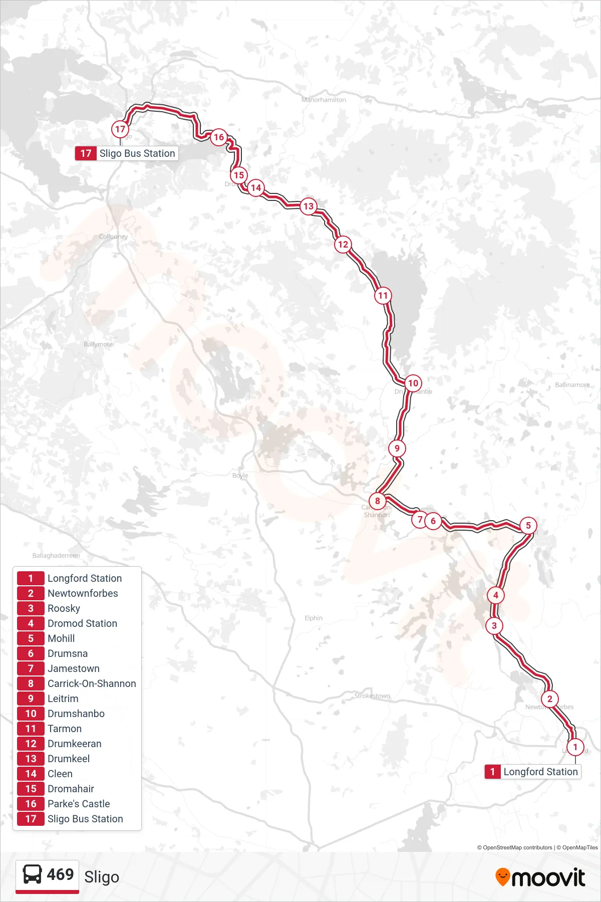 469 bus Line (Sligo) route and stops on a map