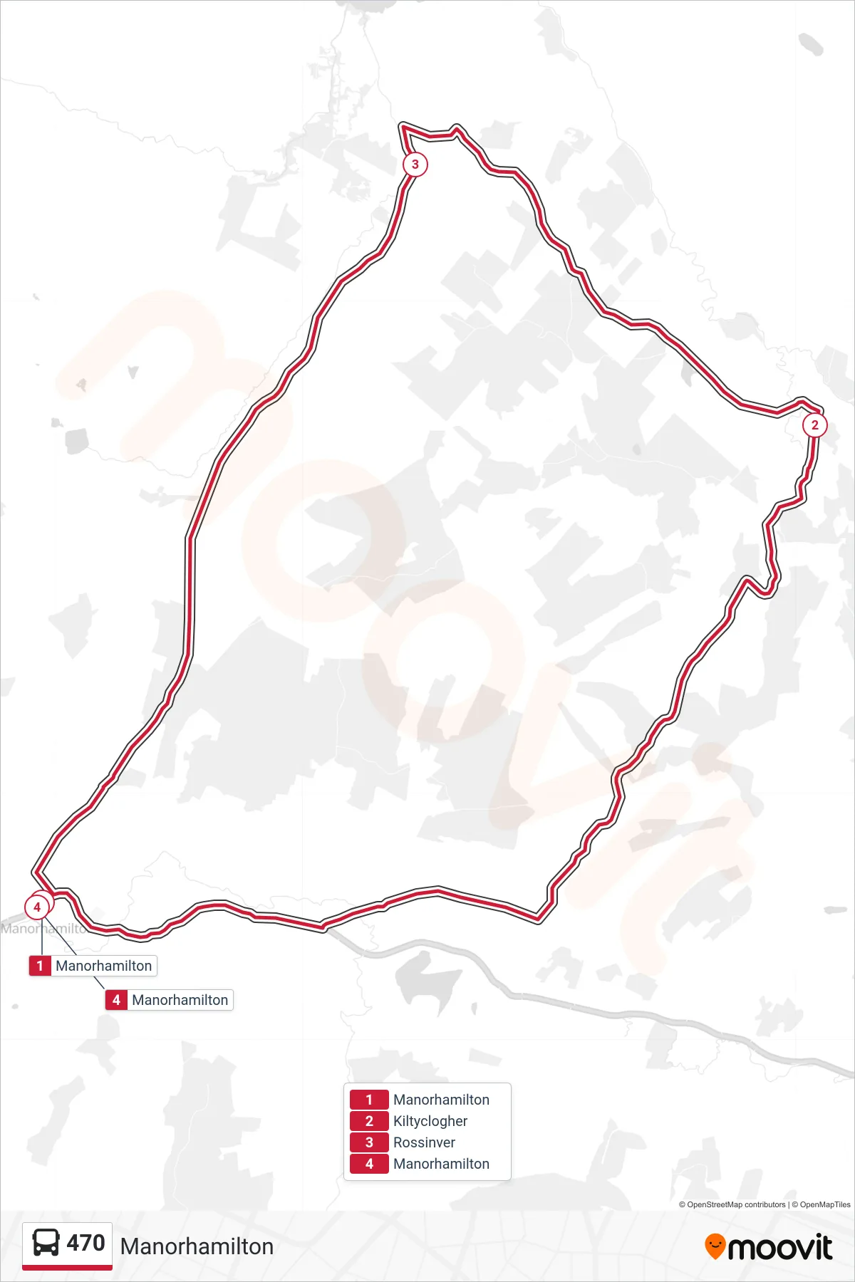 470 bus Line (Manorhamilton) route and stops on a map