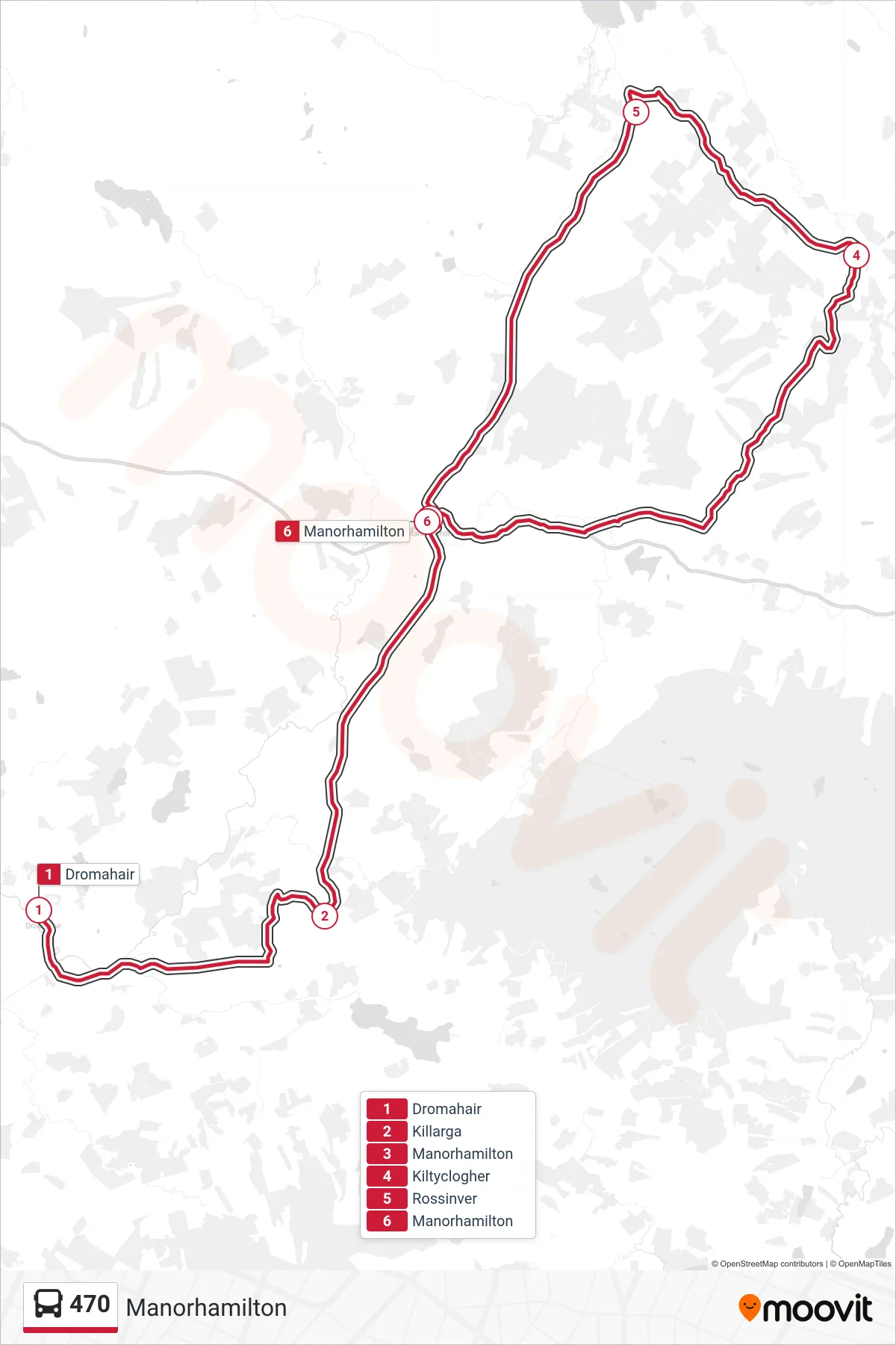 470 bus Line (Manorhamilton) route and stops on a map