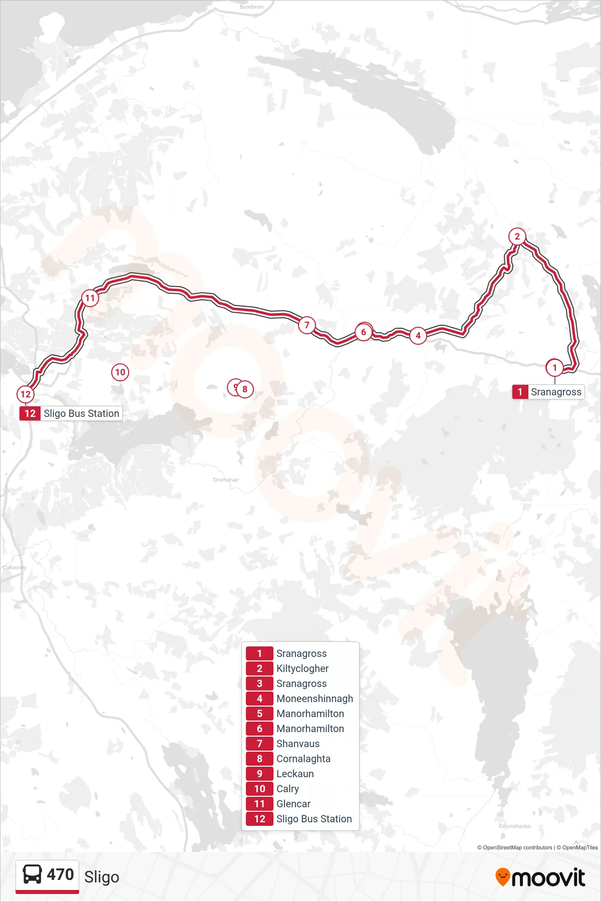 470 bus Line (Sligo) route and stops on a map