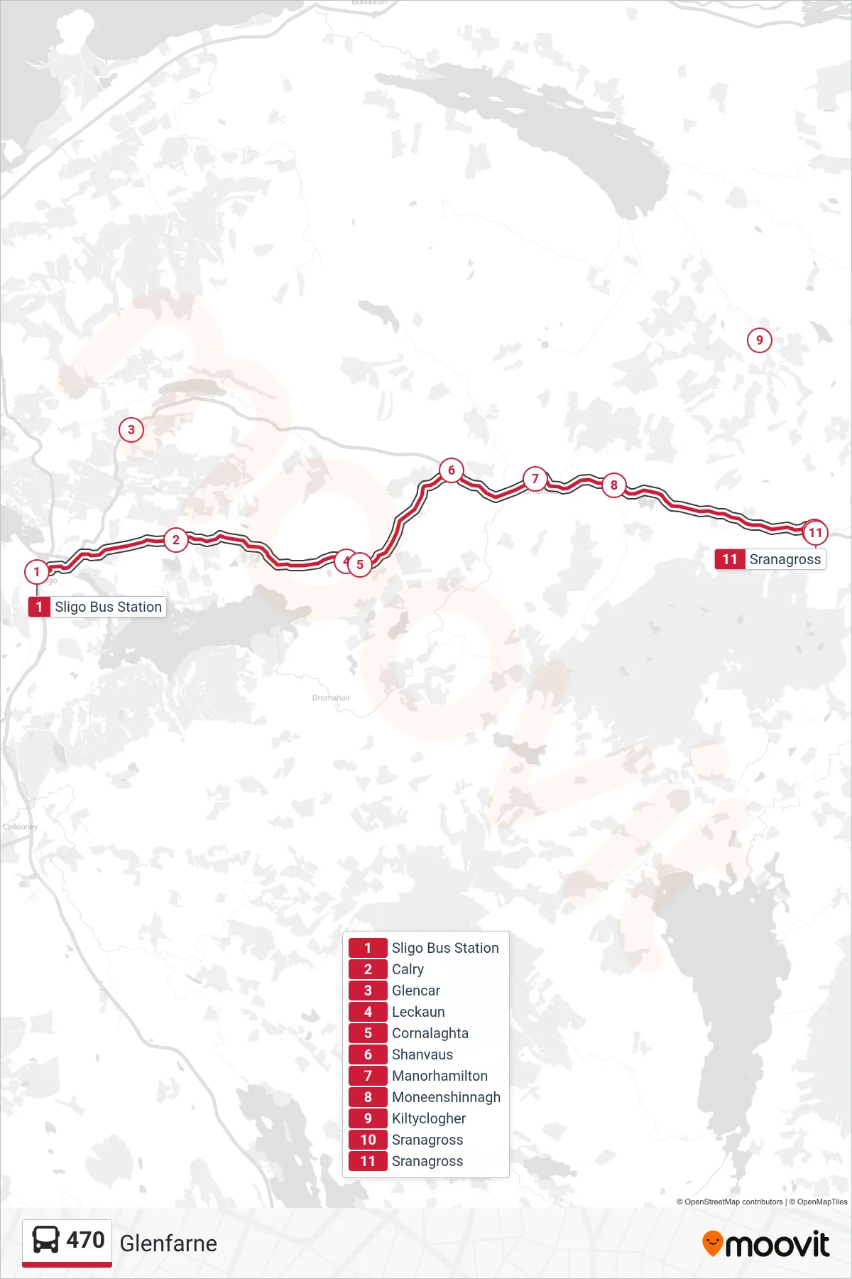 470 bus Line (Glenfarne) route and stops on a map