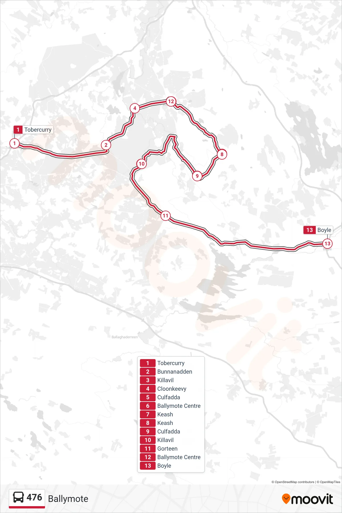 476 bus Line (Ballymote) route and stops on a map
