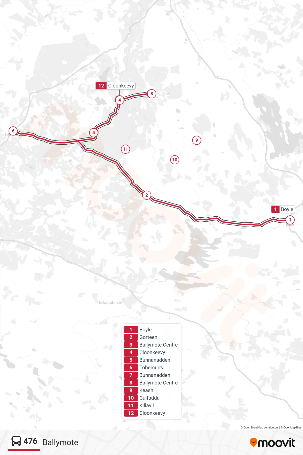 476 bus Line (Ballymote) route and stops on a map