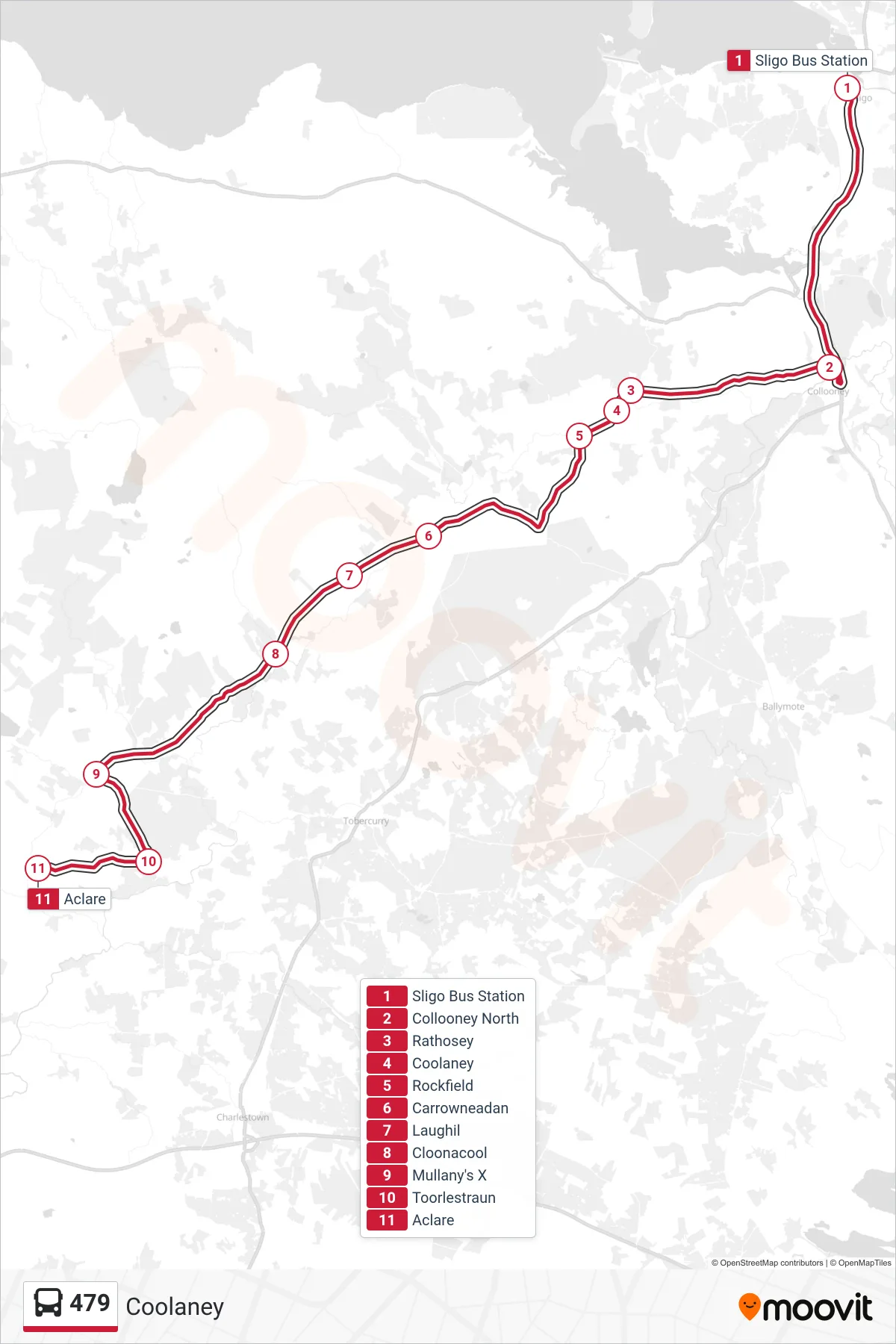 479 bus Line (Coolaney) route and stops on a map