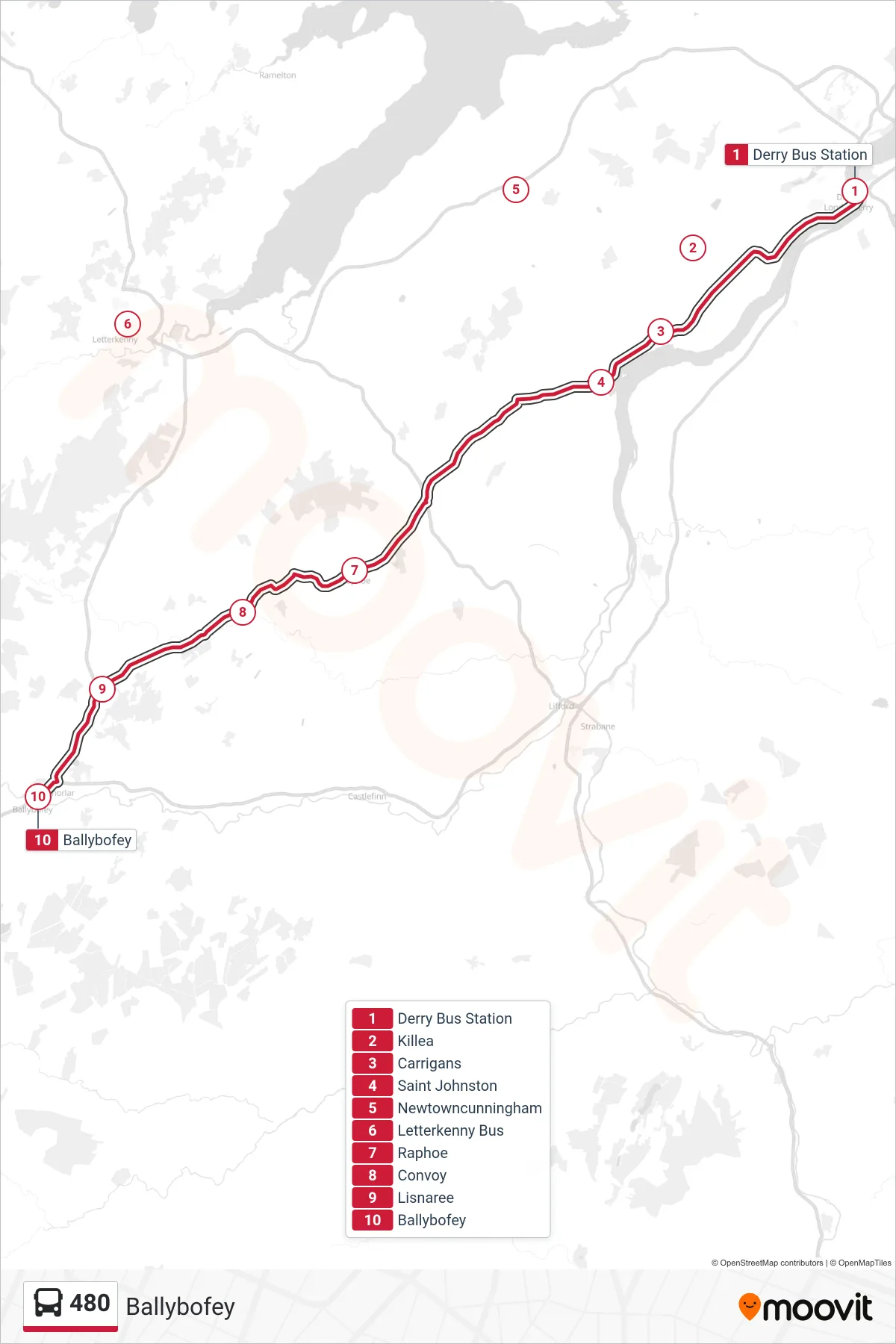 480 bus Line (Ballybofey) route and stops on a map