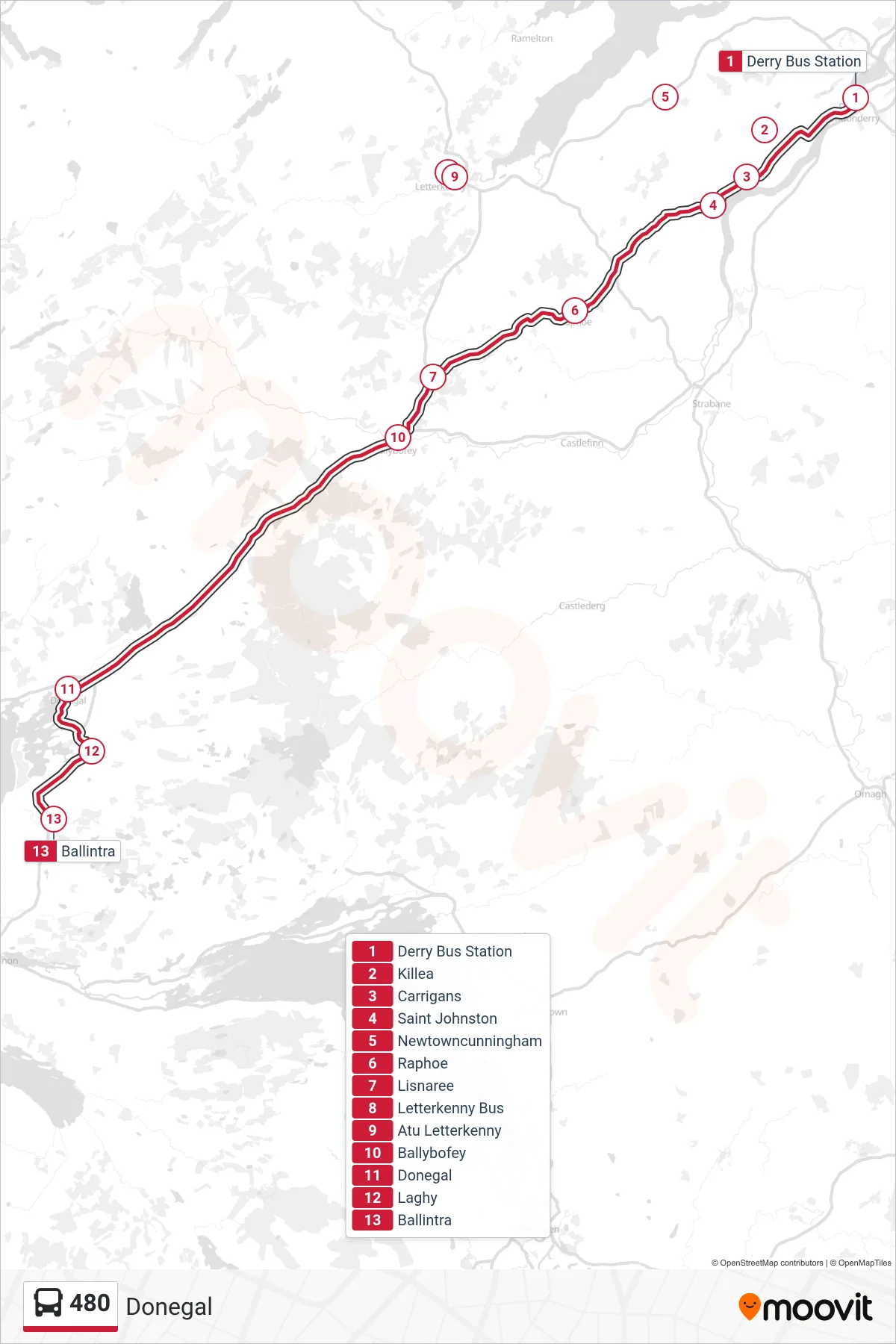 480 bus Line (Donegal) route and stops on a map