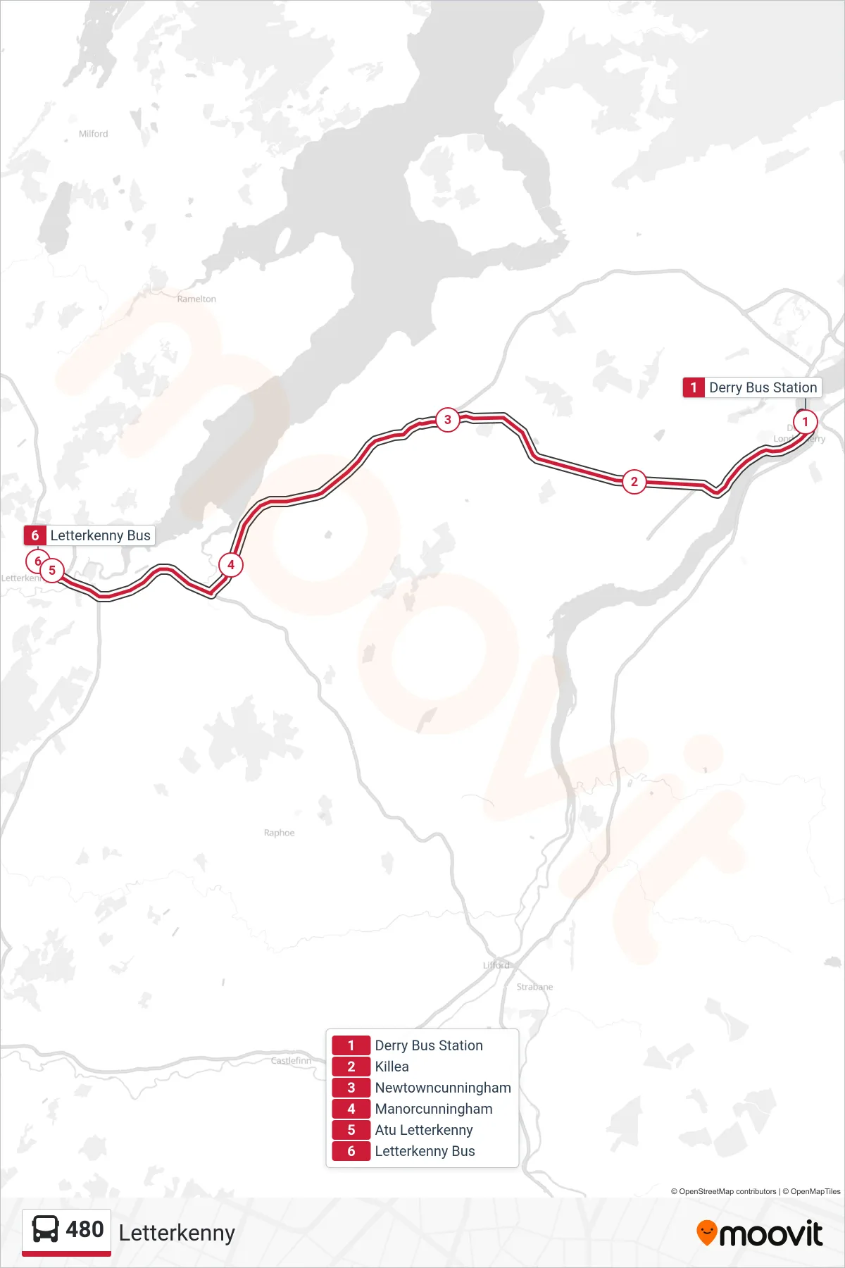480 bus Line (Letterkenny) route and stops on a map
