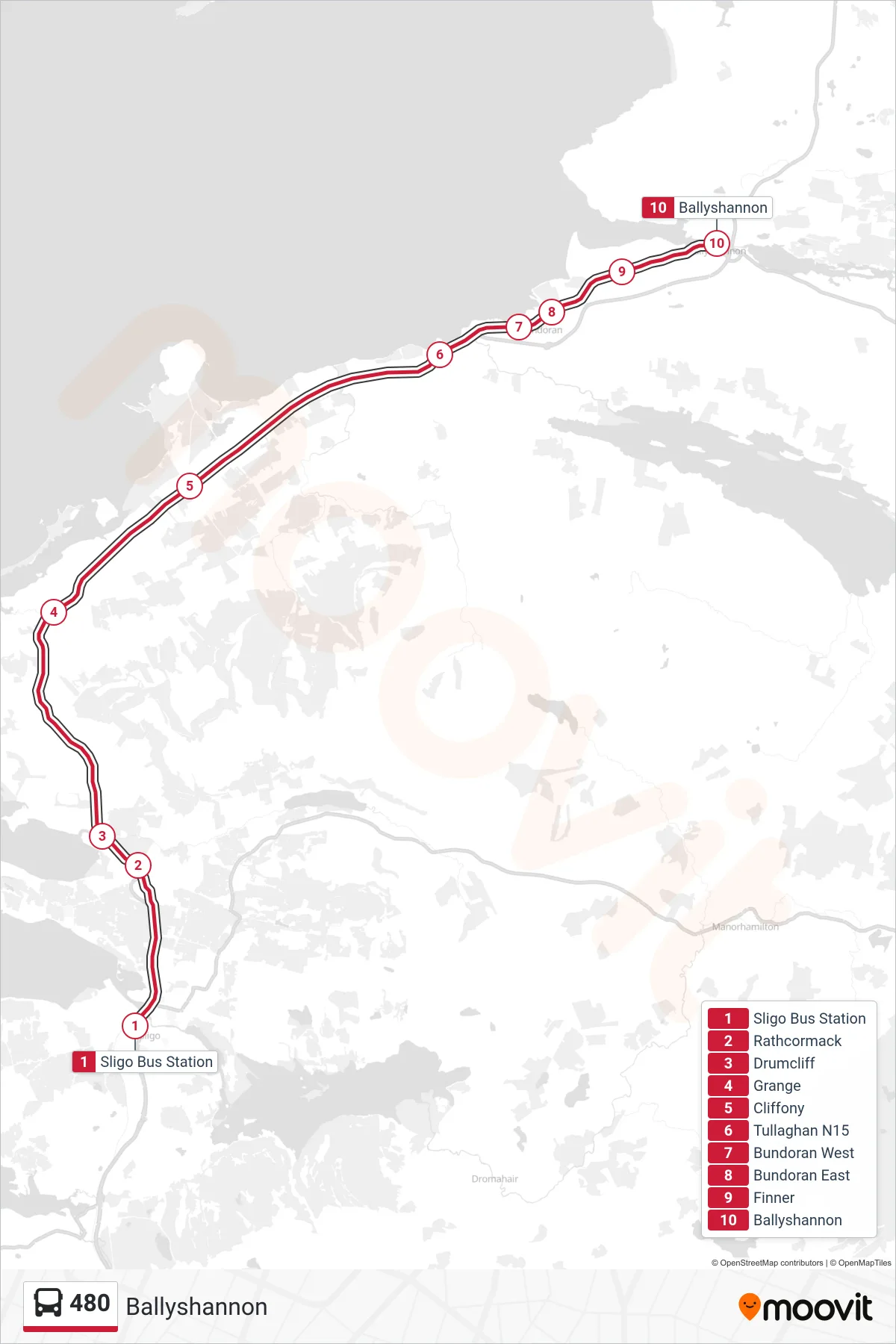 480 bus Line (Ballyshannon) route and stops on a map