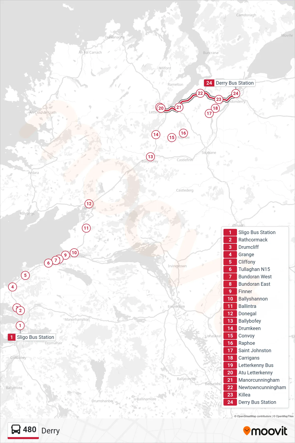480 bus Line (Derry) route and stops on a map
