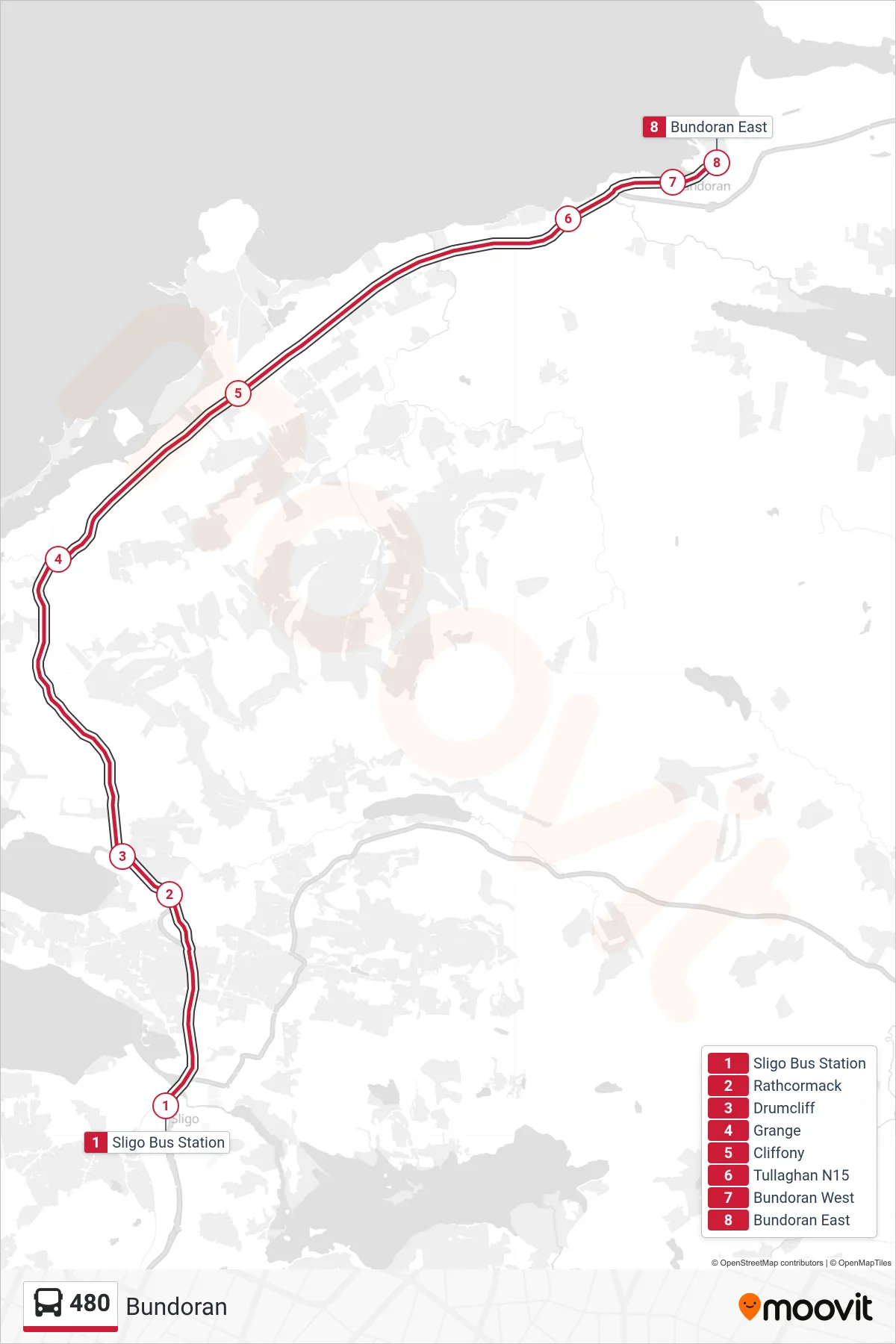 480 bus Line (Bundoran) route and stops on a map