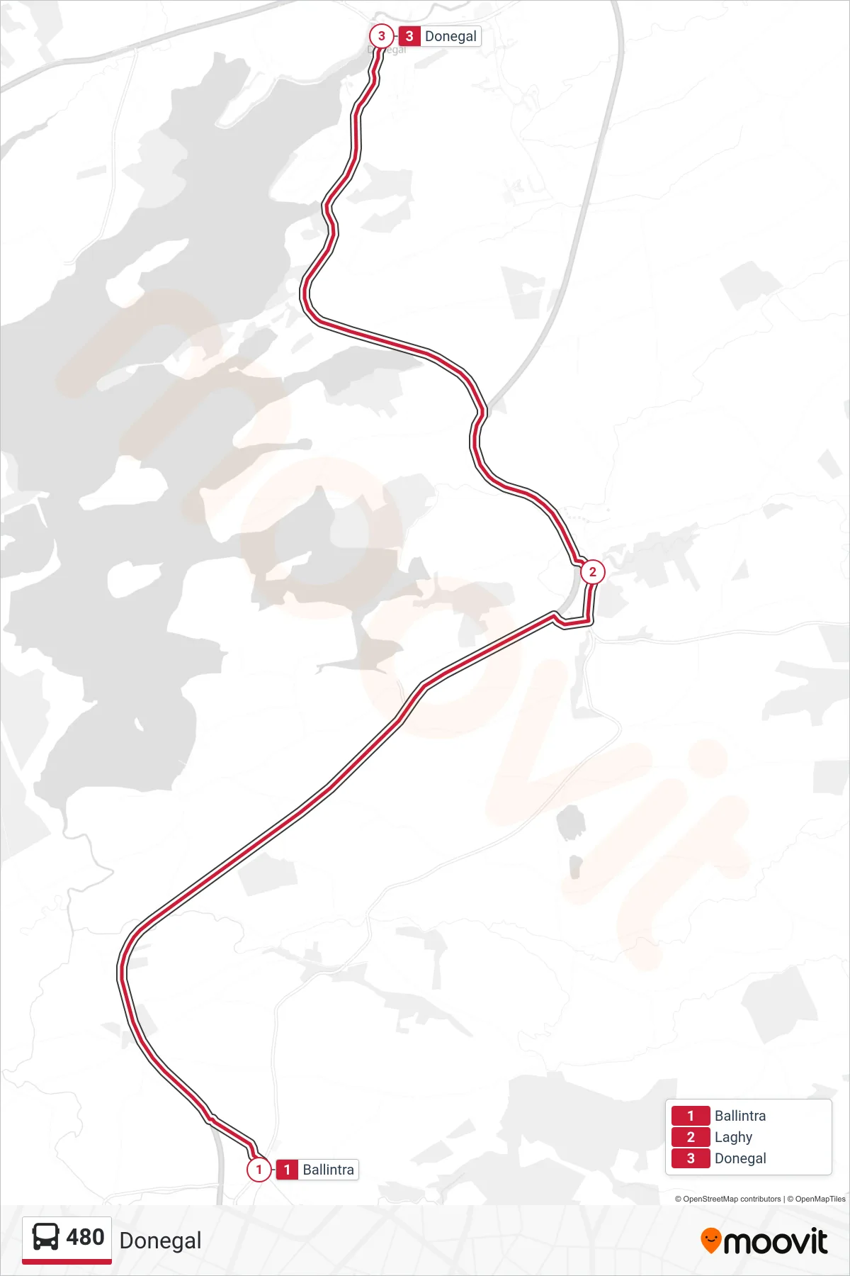 480 bus Line (Donegal) route and stops on a map