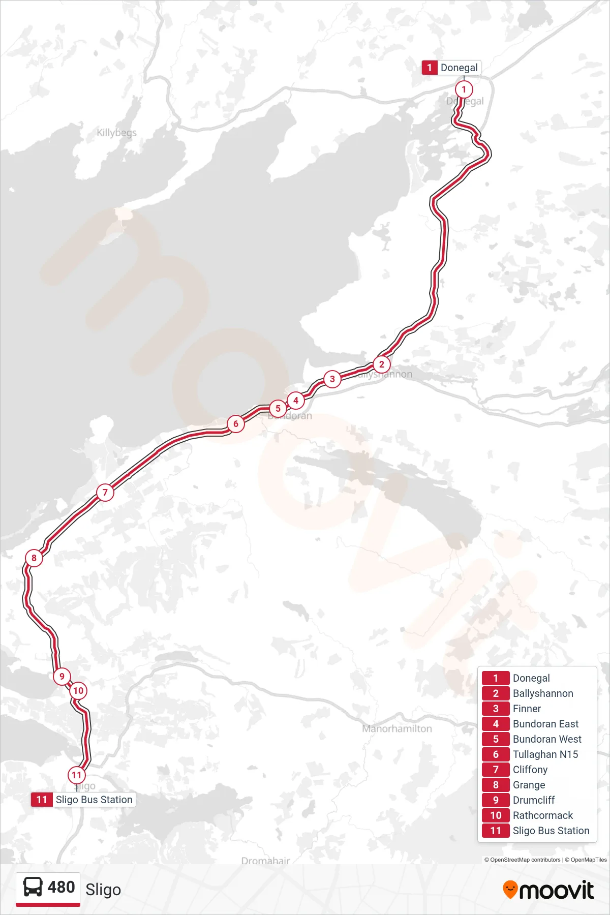 480 bus Line (Sligo) route and stops on a map